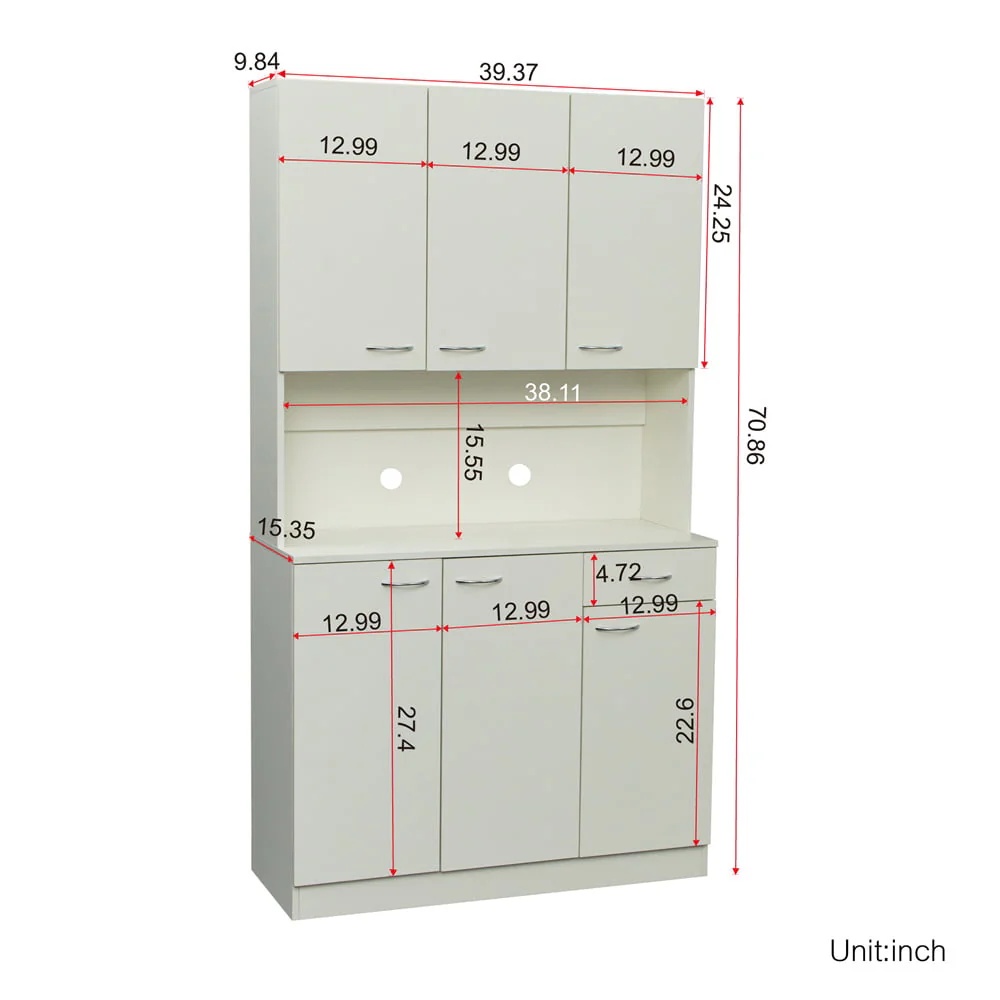 70.87" Tall Wardrobe & Kitchen Cabinet, Freestanding Storage Cabinet with 6 Doors, 1 Open Shelves and 1 Drawer, Kitchen Pantry Cabinet Buffet Sideboard Cabinet with 2 Cable Holes for Bedroom, White - Image 7