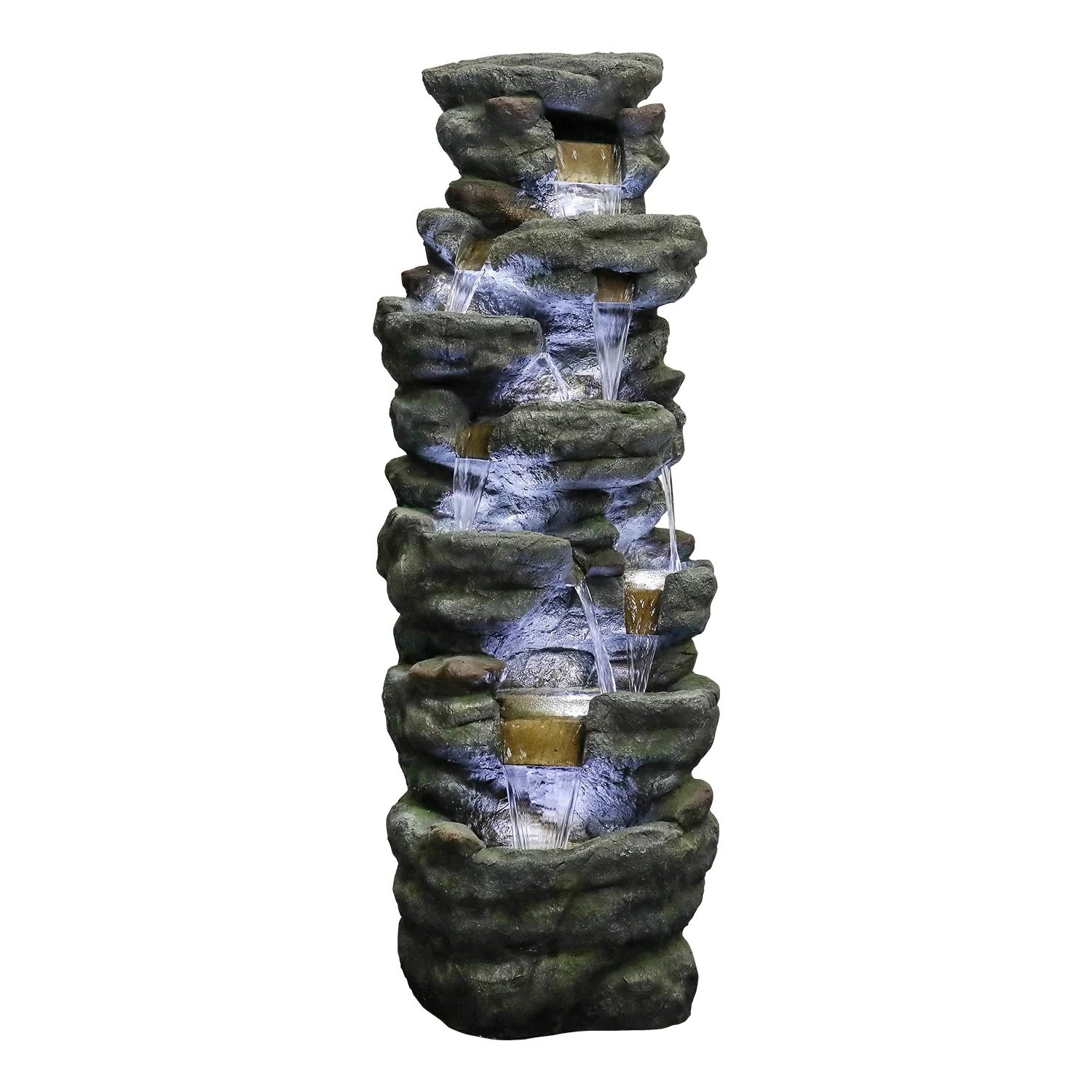 51" H Outdoor Water Fountain - 7-Tiers Rock Waterfall Fountain with LED Lights for Home Garden Decor - Image 7
