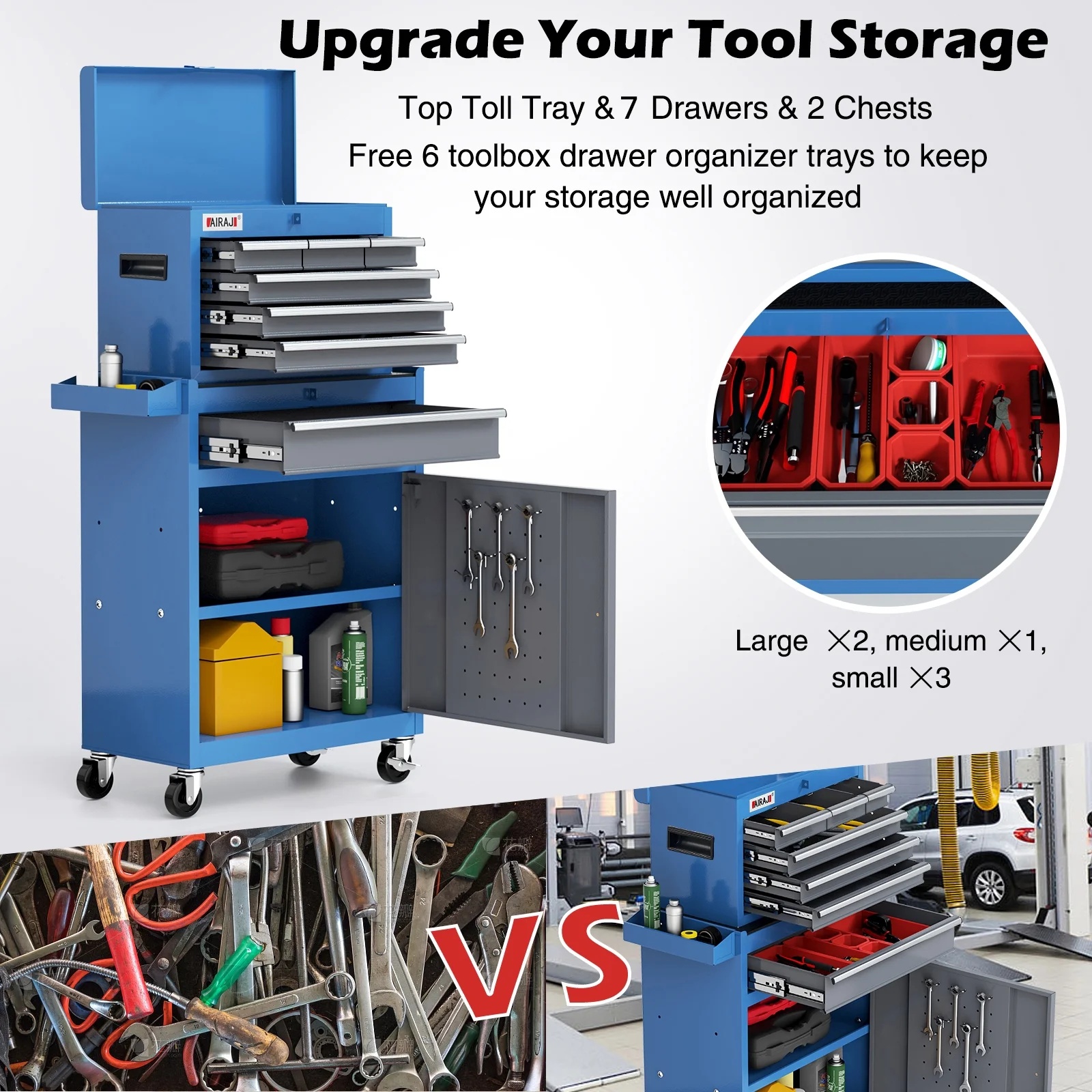AIRAJ 7-Drawer 40 inch Large Rolling Tool Chest with Wheels | Detachable Top Metal Tool Box | Heavy Duty Toolbox Organizer with Hooks,Liners,Tray Divider - Image 2