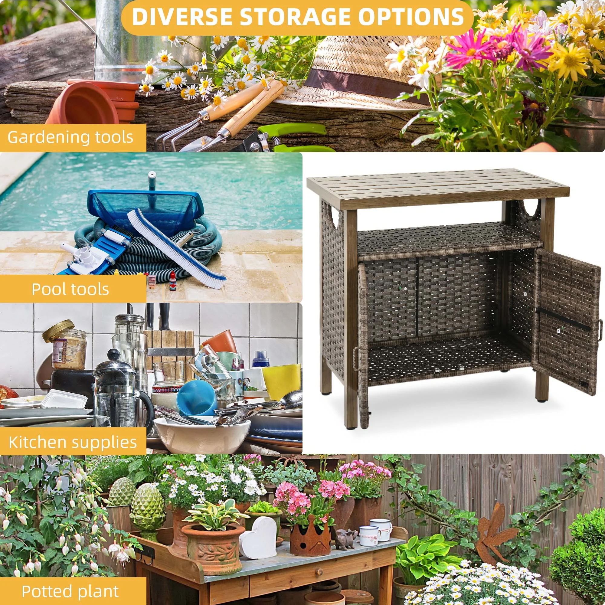 DWVO Outdoor Garden Patio Wicker Storage Cabinet with with 2 Doors and Shelves, Wicker Bar Table, Rattan Counter Table,Deck Box - Brown - Image 7