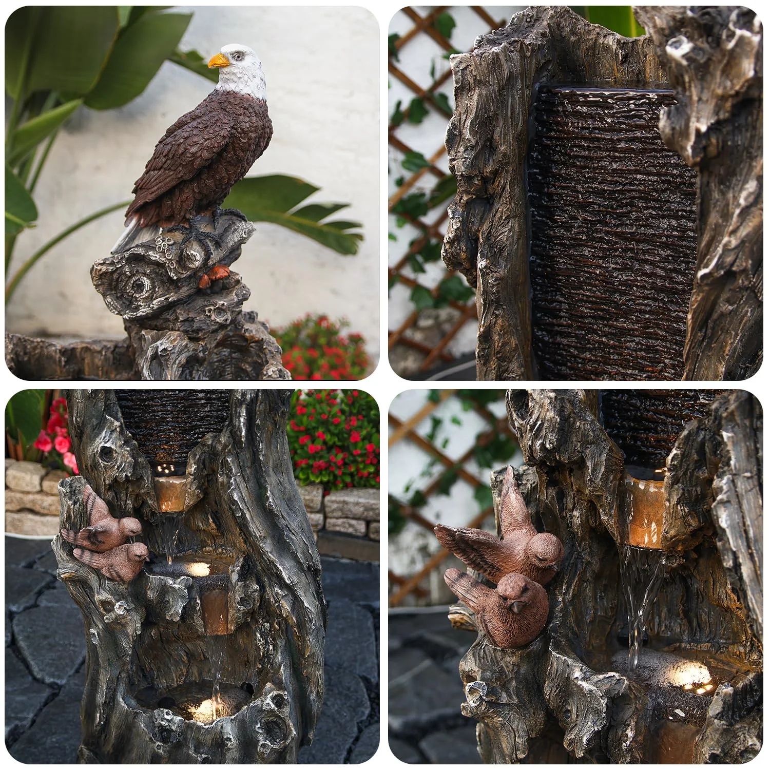 50.79" H Outdoor Rainforest Waterfall Tree Trunk Fountain with Bald Eagle Outdoor Cascading Water Feature for Garden Patio Backyard Landscape Decor 3-Tier Water Fountains - Image 4