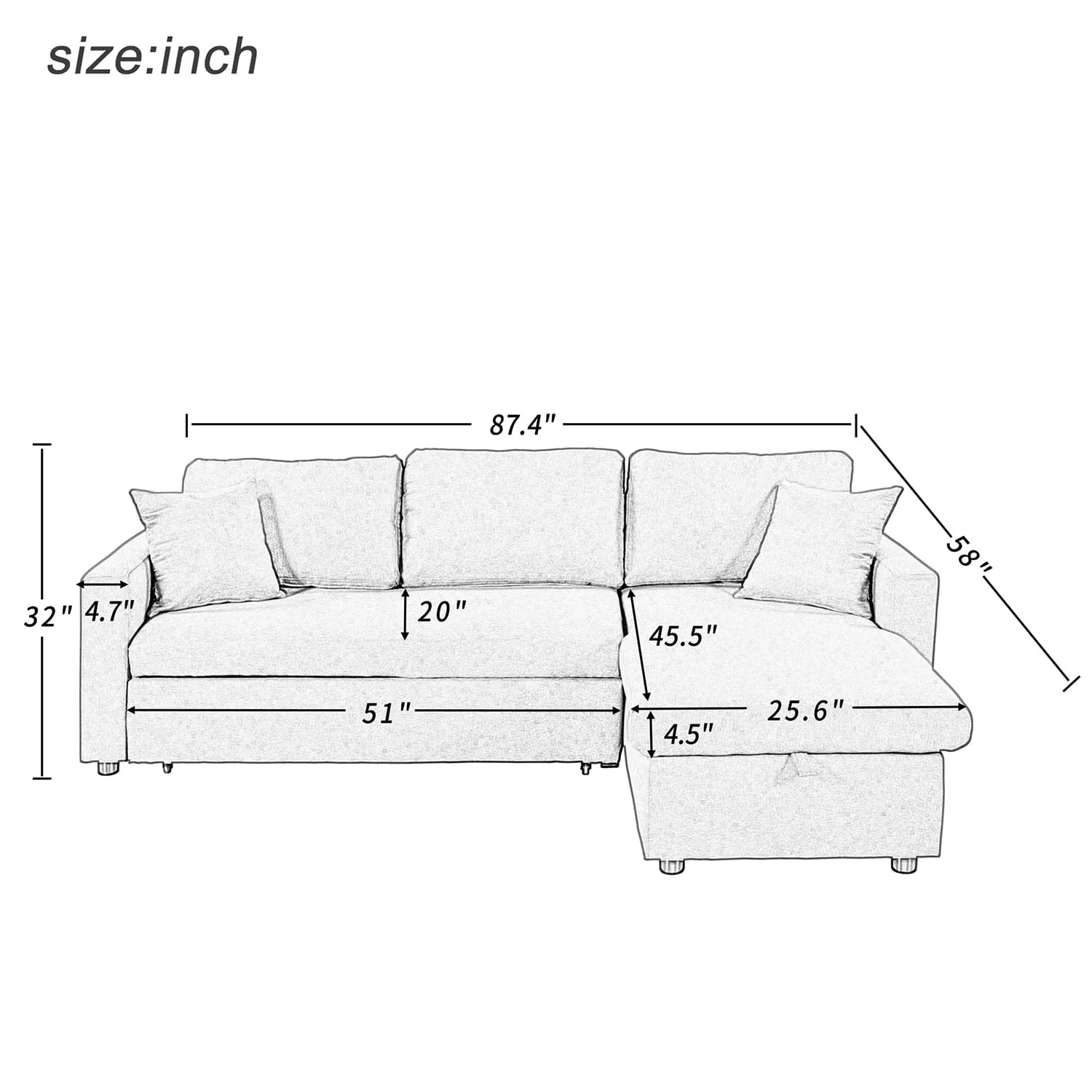 Churanty Upholstery Sleeper Sectional Sofa Pull Out Bed with Storage Chaise,Gray - Image 3