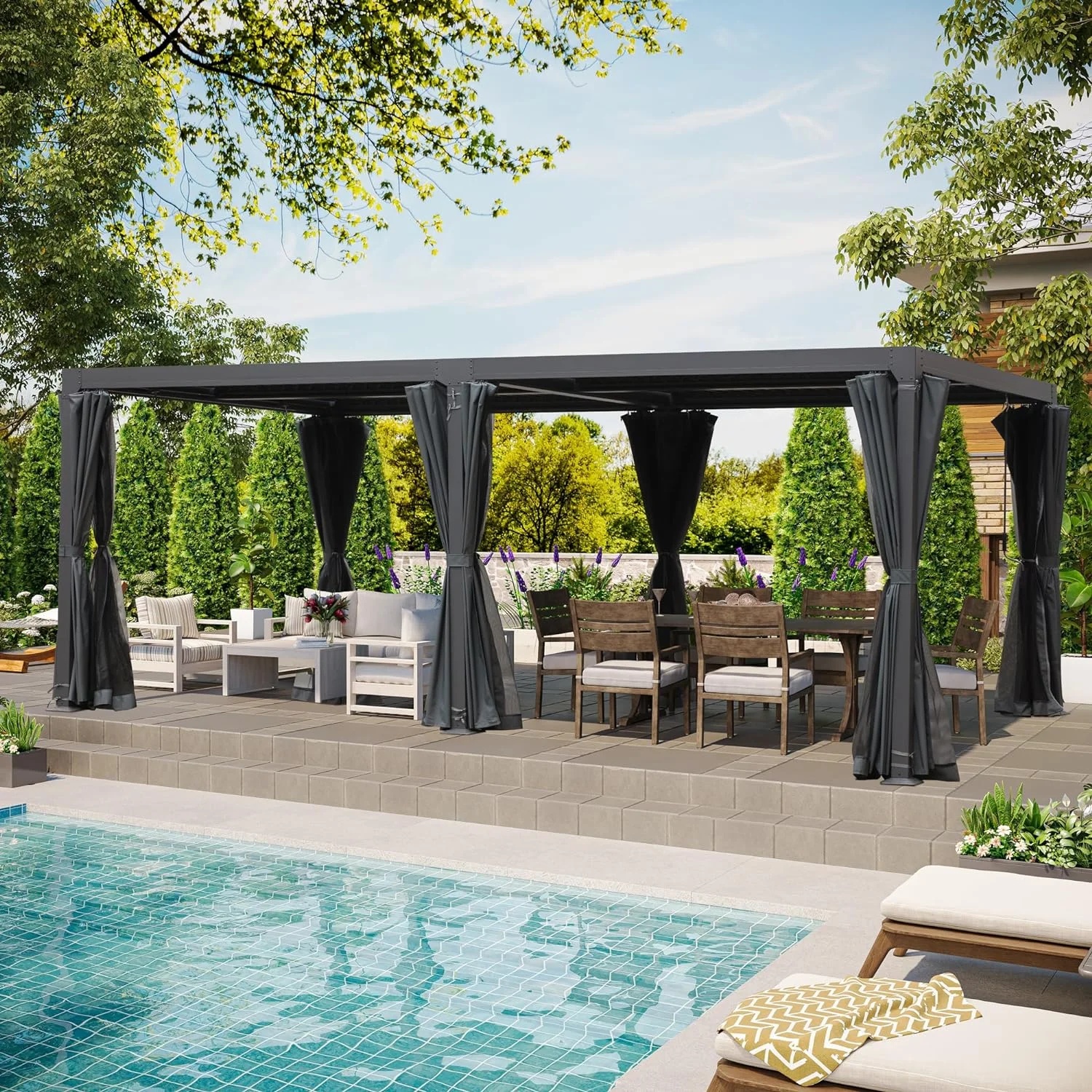 GAZEBETER 10' x 20' Louvered Pergola, Outdoor Aluminium Pergola with Adjustable Roof, Curtains and Netting, Hardtop Gazebo for Patio, Deck, Garden, Yard, Beach, White - Image 10