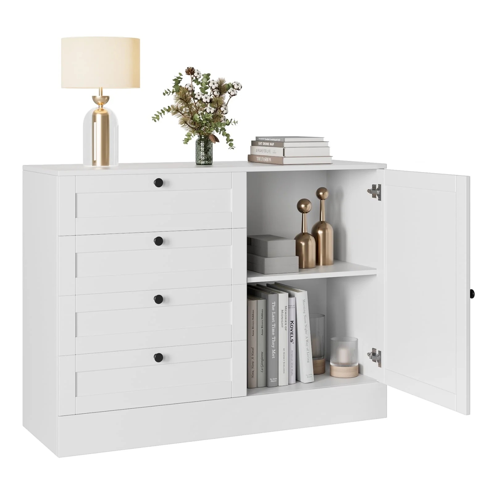 Homfa White Storage Cabinet with 4 Drawers & 1 Door, 43.3'' Wide Chest Sideboard Buffet for Dining Room, Kitchen, Bedroom - Image 7