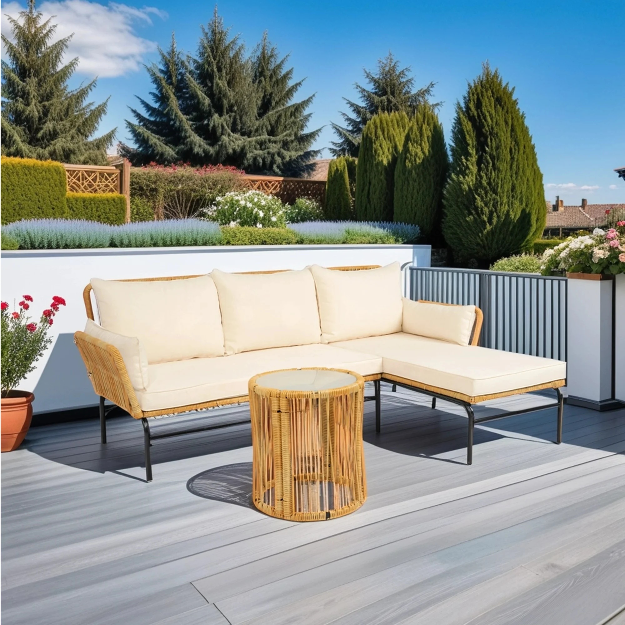 Outdoor Patio Furniture Set of 3, Rattan Wicker Outdoor Swivel Glider Rocker w/Table and Cushions, Brown - Image 15