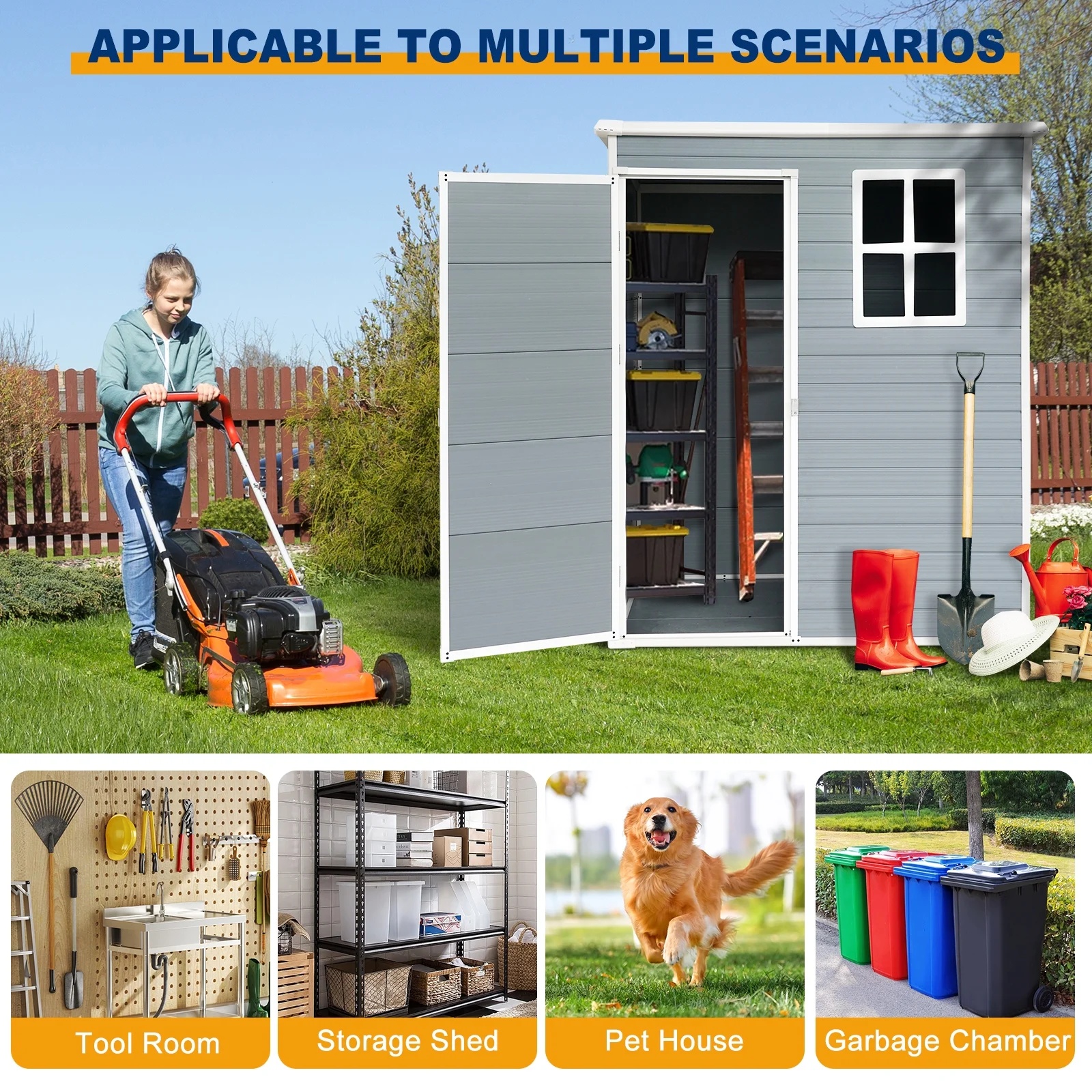 5'-3' Outdoor Storage Shed, Resin Storage Cabinet, Garden Tool Shed with Double Lockable Doors, Organizer Cabinet for Patio Yard, Gray - Image 2
