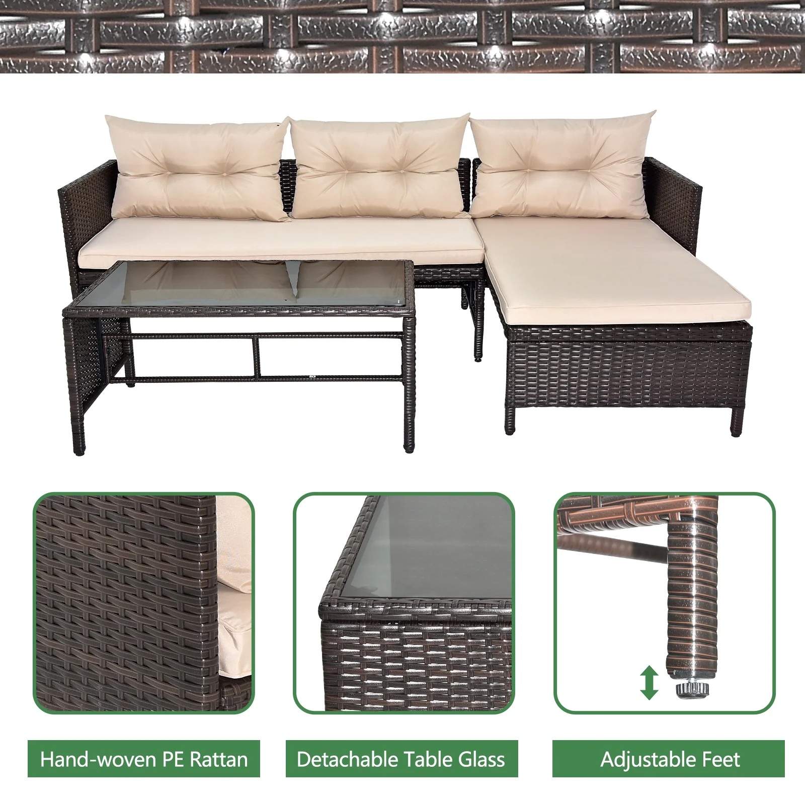 Outdoor Patio Furniture Set of 3, Rattan Wicker Outdoor Swivel Glider Rocker w/Table and Cushions, Brown - Image 6