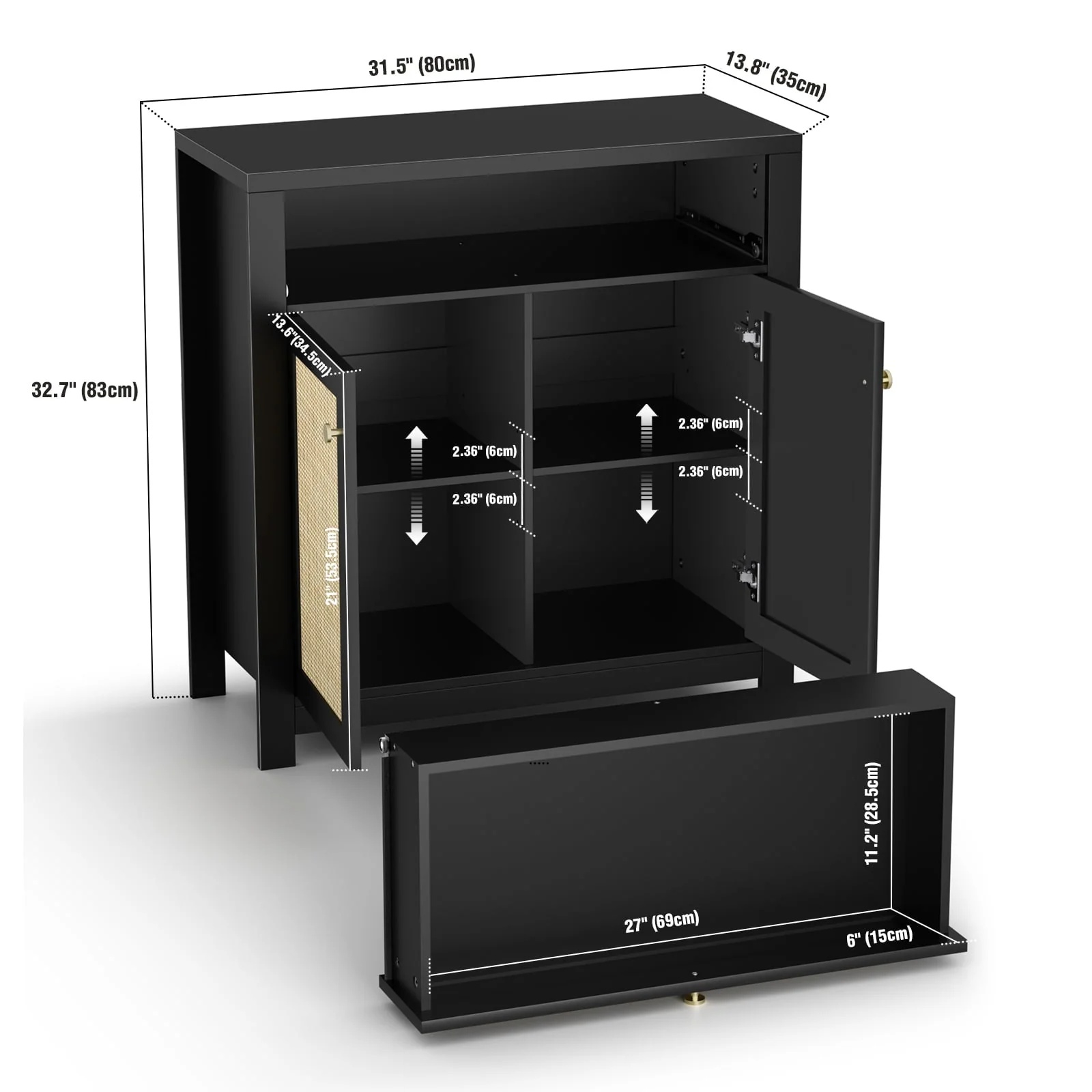 Eumyviv Black Sideboard Buffet Storage Cabinet with Door and Drawer, Natural Rattan Kitchen Accent Storage Cabinet Free Standing, Black H0085 - Image 5