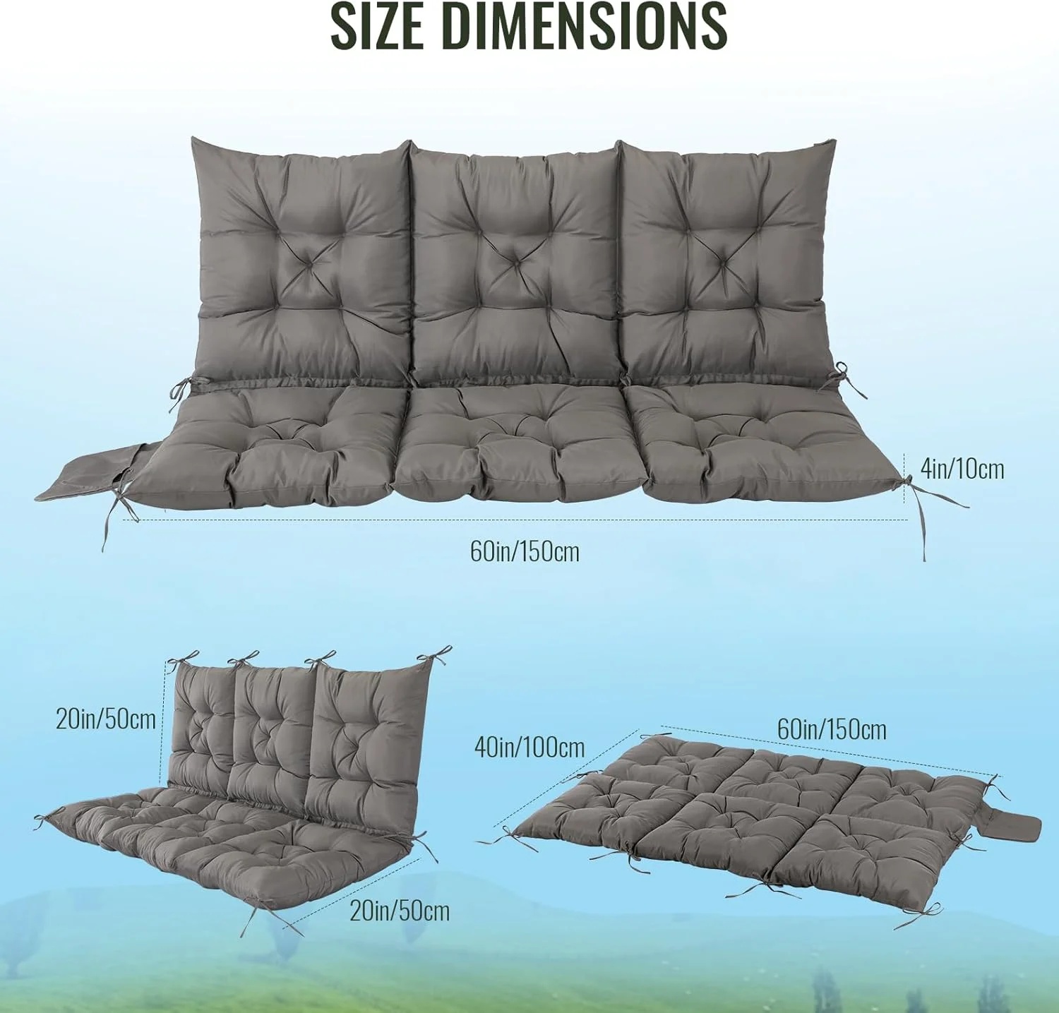 NACATIN 3 Seat Cushion for Outdoor Swing - 60x40 inches, 4" Thick Porch Swing Cushions with Ties and Storage Bag, Waterproof Bench Replacement Cushions for Patio, Outdoor, Backyard and Garden (Khaki) - Image 18