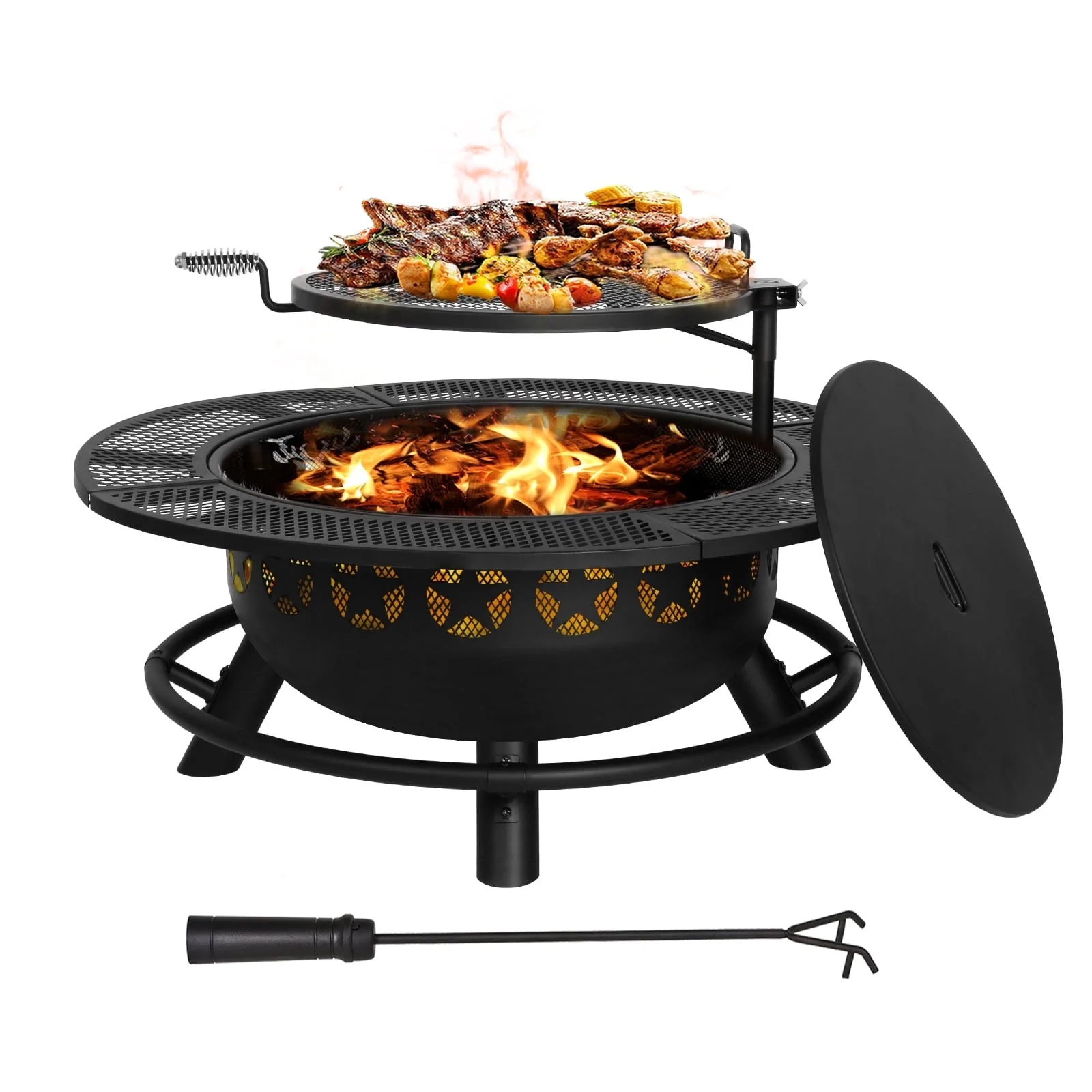 Hykolity 35 Inch Fire Pit with Cooking Grate & Charcoal Pan, Outdoor Wood Burning BBQ Grill Firepit Bowl with Cover Lid, Steel Round Table for Backyard Bonfire Patio Picnic - Image 6
