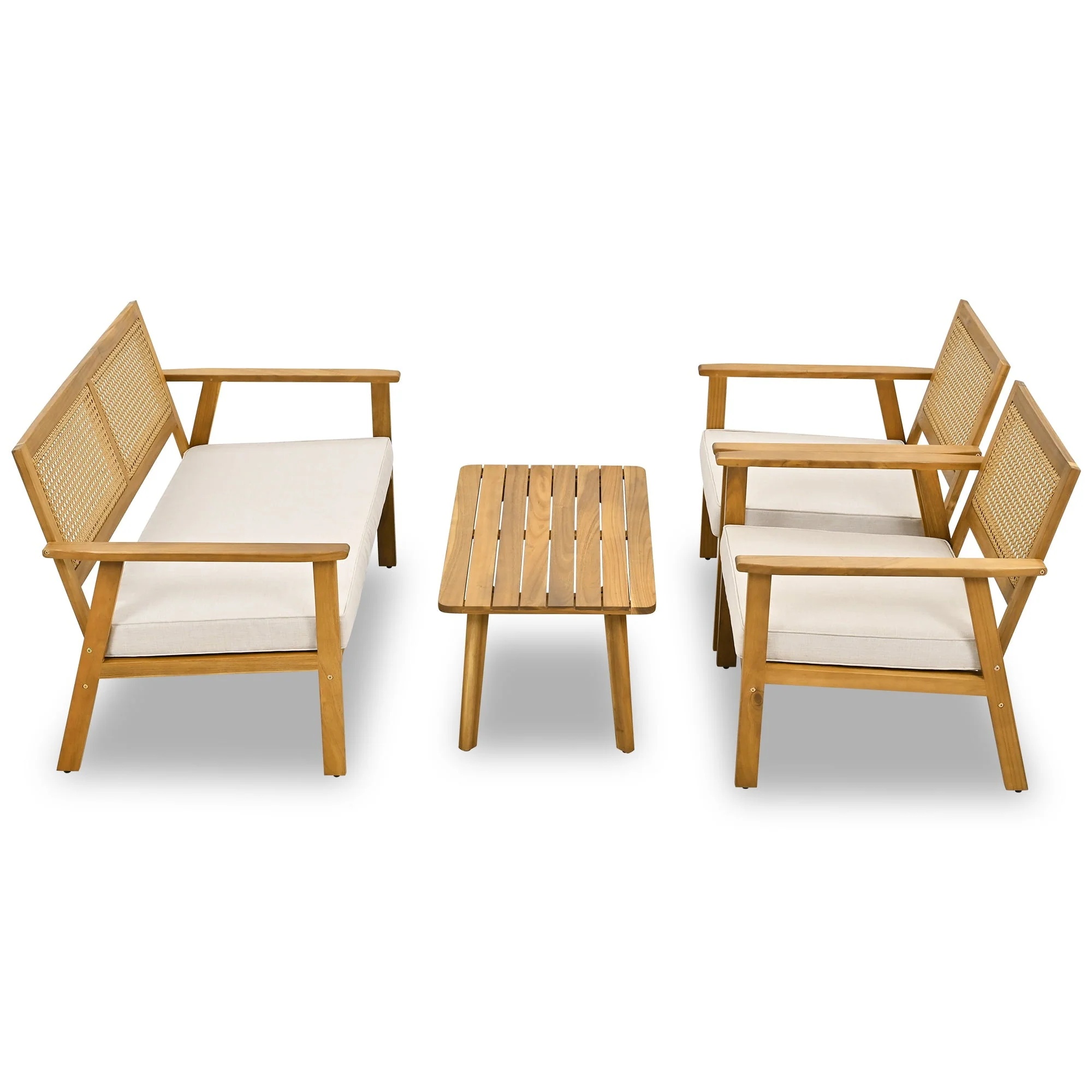 4 Piece Outdoor Patio Furniture Sets All Weather Outdoor Sofa PE Garden Furniture Wicker Rattan Patio Conversation Set with Glass Table & Beige Cushions - Image 7