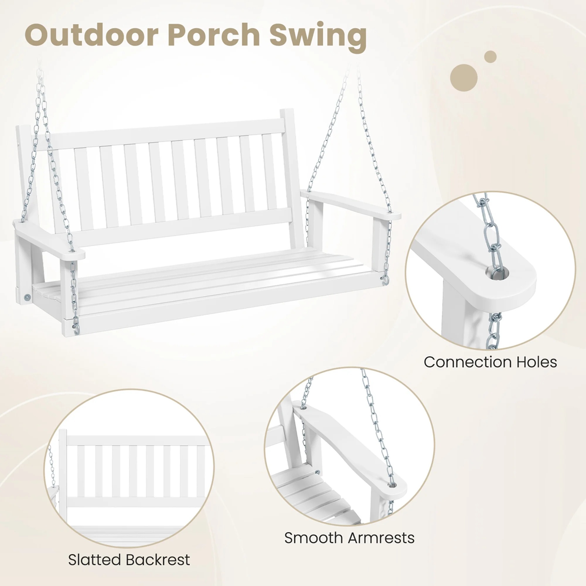 Costway 3-Person Wooden Outdoor Porch Swing Heavy Duty Patio Hanging Bench Chair White - Image 11