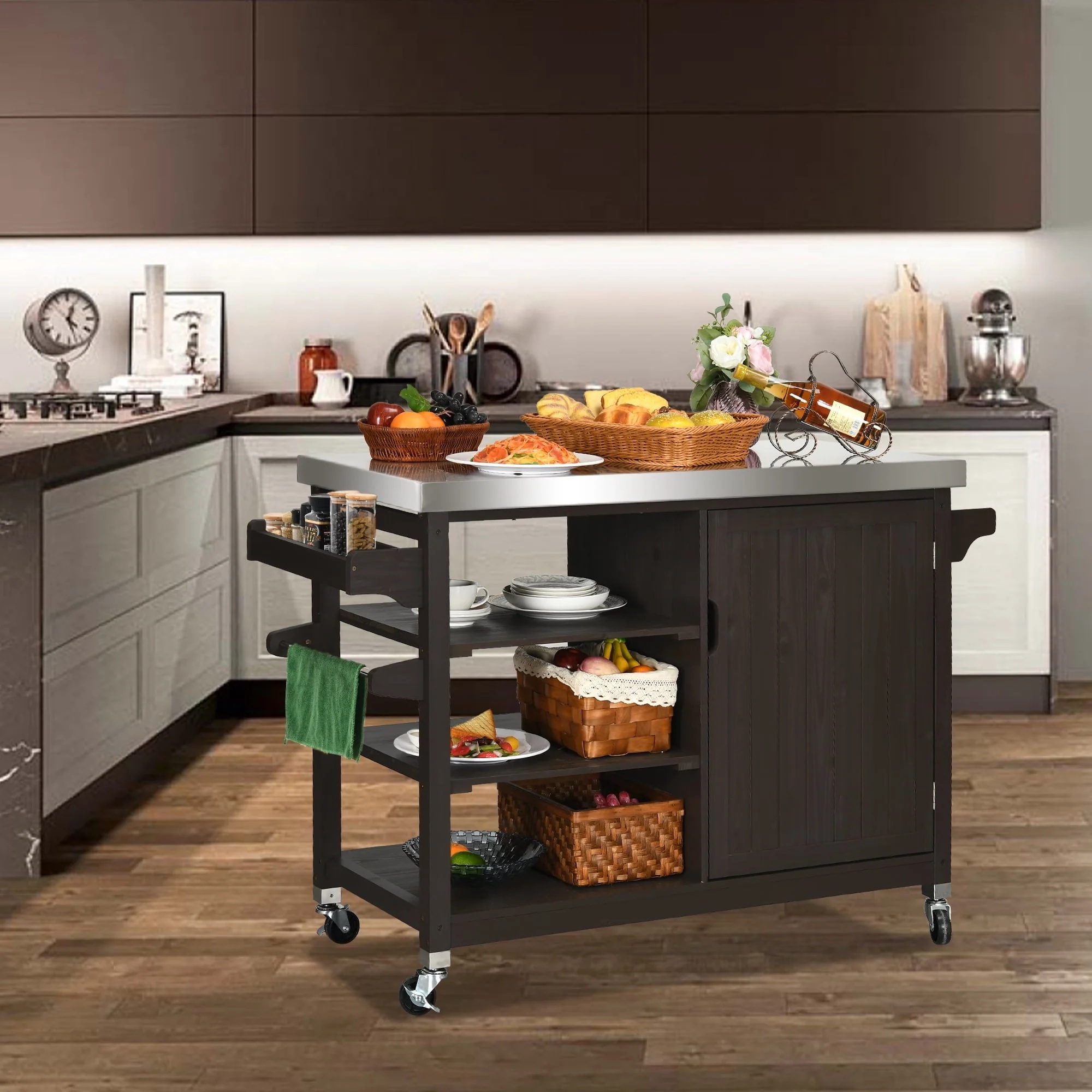 Dextrus Grill Carts Outdoor With Storage Cabinet and Wheels, Solid Wood Movable Dining Cart Table,with Stainless Steel Top, Spice Rack, and Side Handle, Kitchen Island with Storage or Bar Cart, Brown - Image 8