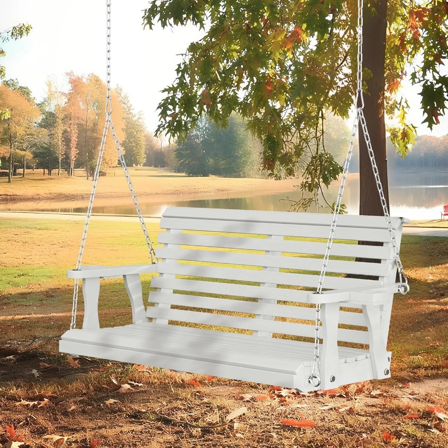 SOLAURA 2 Seat Outdoor Wooden Porch Swing with Cup Holders, Hanging Patio Swing with Hanging Chains, Swing Bench Chair for Backyard Garden Balcony, 440lbs Weight Capacity, Brown - Image 17
