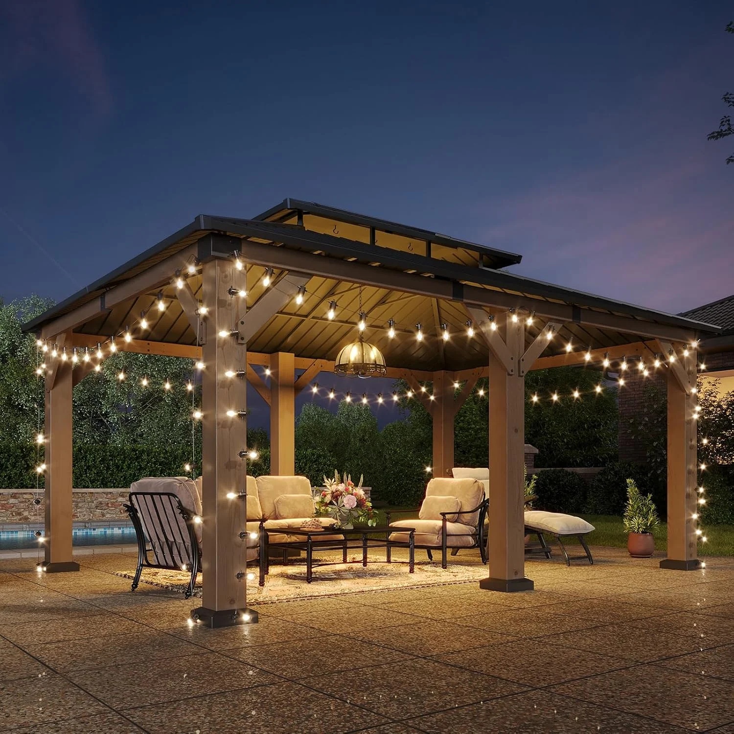 Aoxun 12' x 16' Outdoor Wood Gazebo, Hardtop Gazebo Permanent Wooden Pavilion with Galvanized Steel Double Roof, for Patio, Garden, Backyard, Cedar Wood - Image 10