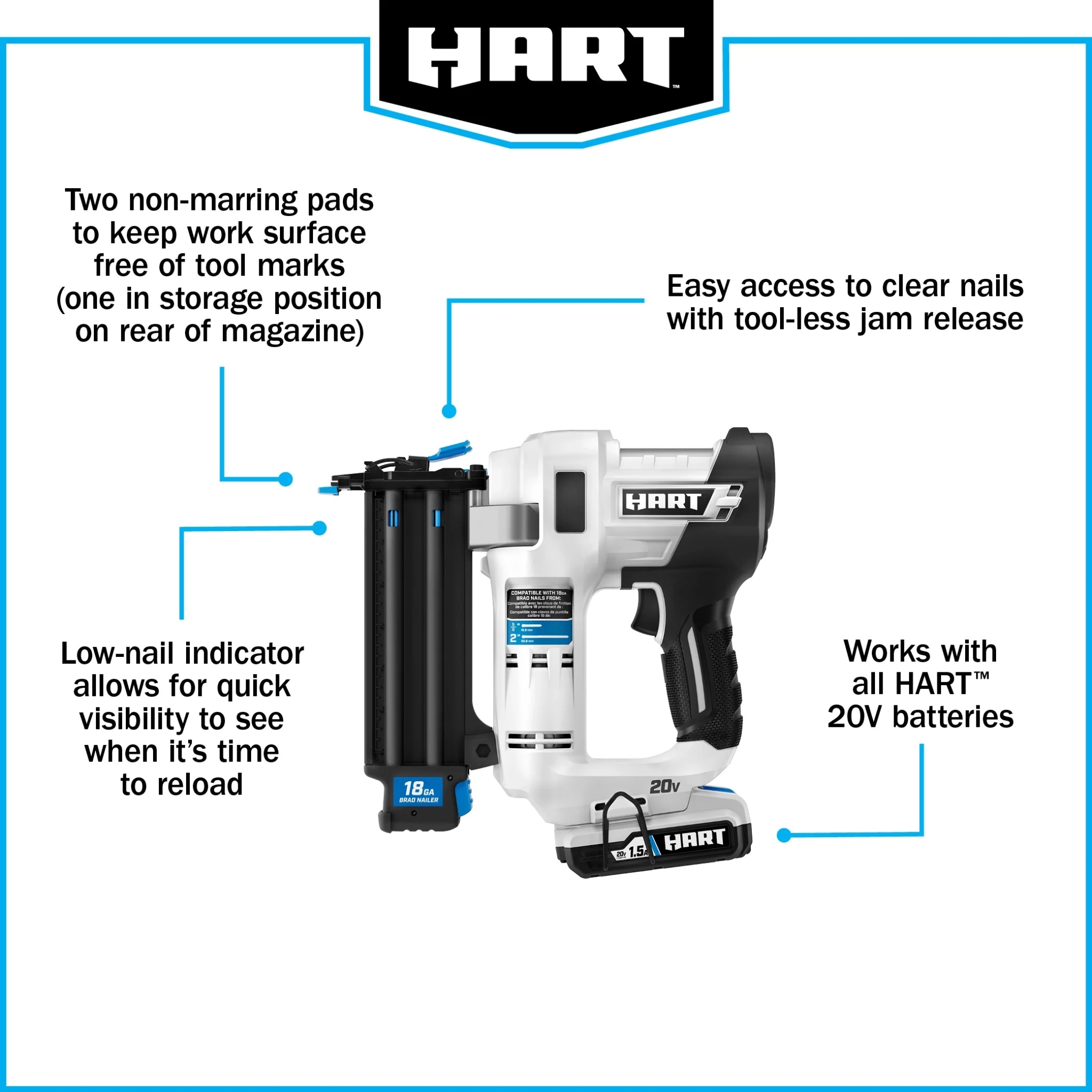 HART 20-Volt 2-inch 18-Gauge Battery-Powered Brad Nailer Kit, (1) 1.5Ah Lithium-Ion Battery - Image 10