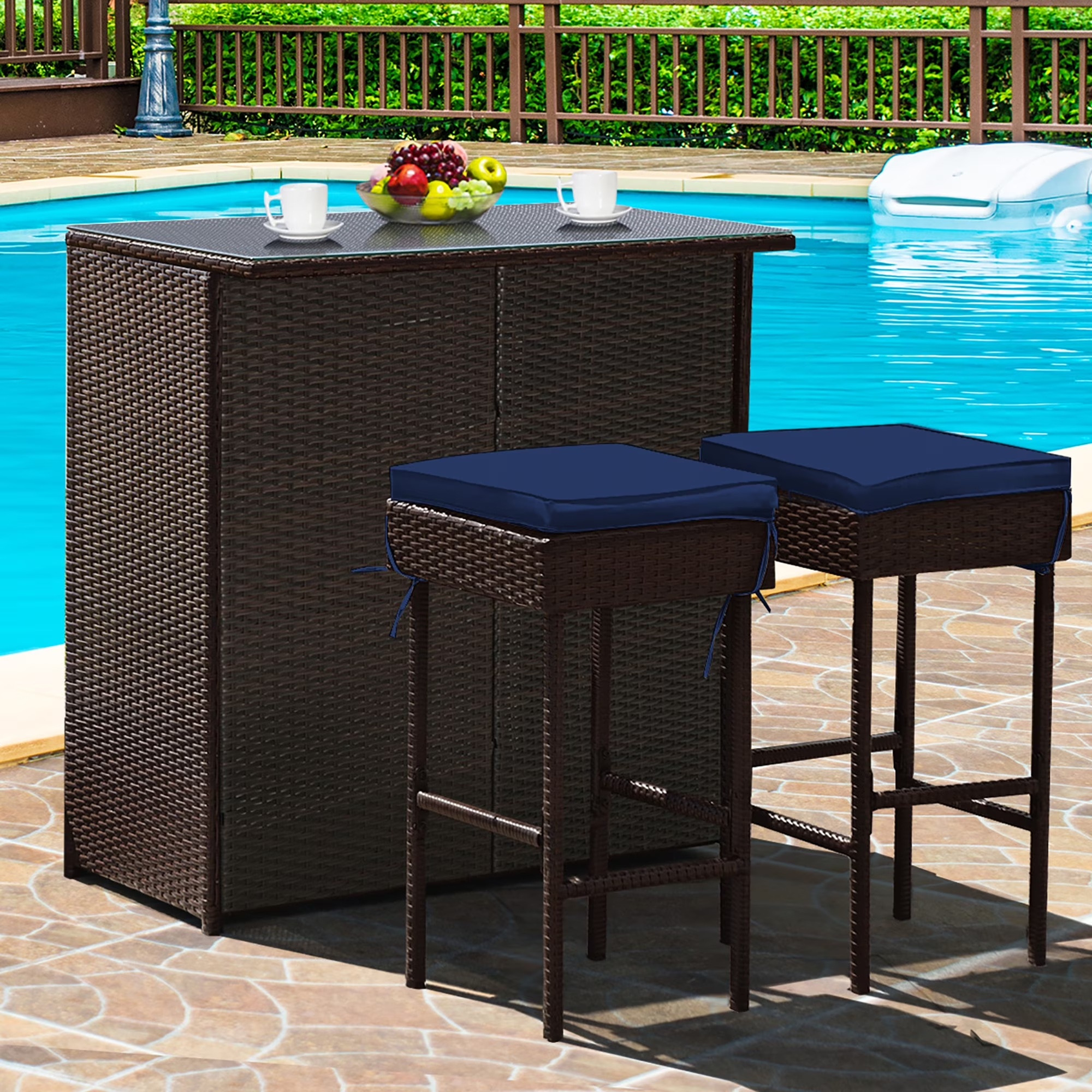 Costway Patio 3PCS Rattan Bar Table Stool Set Cushioned Chairs with Gray & Off white Cover - Image 3