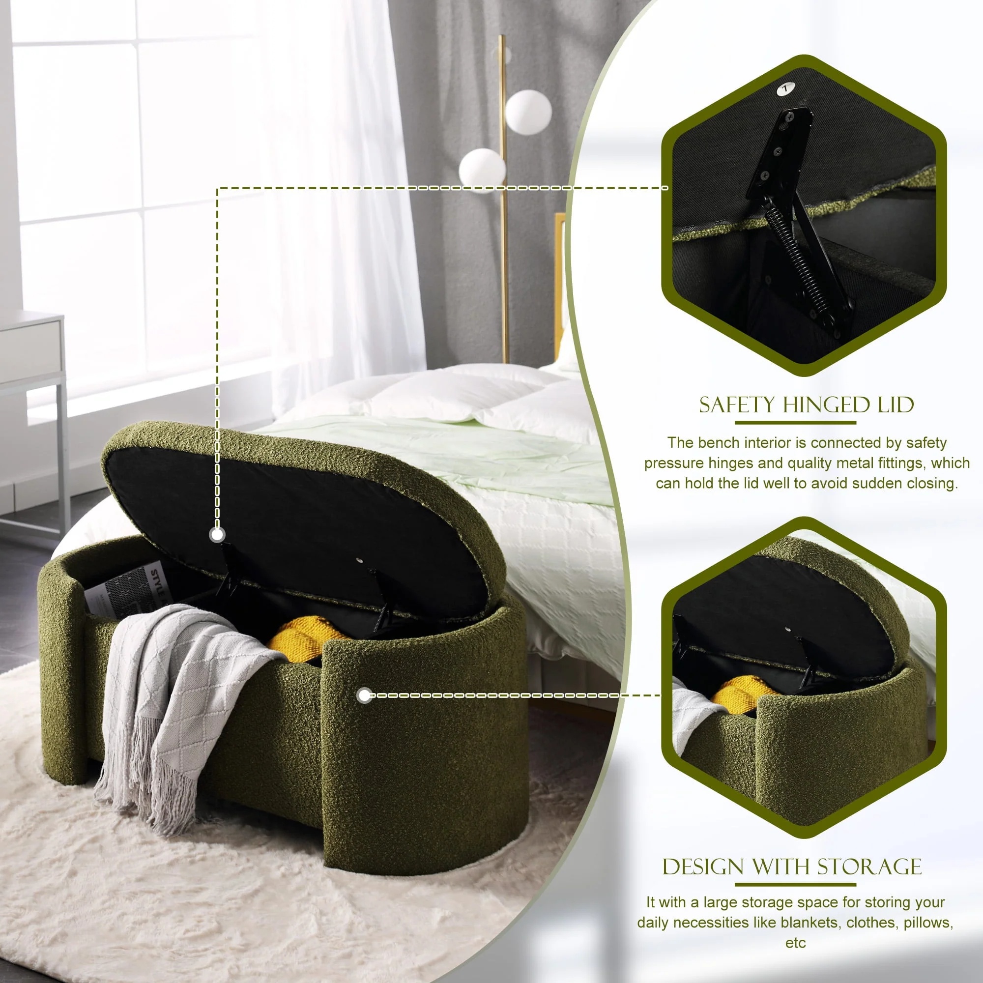 KINFFICT 43.3" Velvet End of Bed Bench for Bedroom, Upholstered Storage Ottoman Bench Entryway Bench with Storage for Living Room Bedroom, Green - Image 12