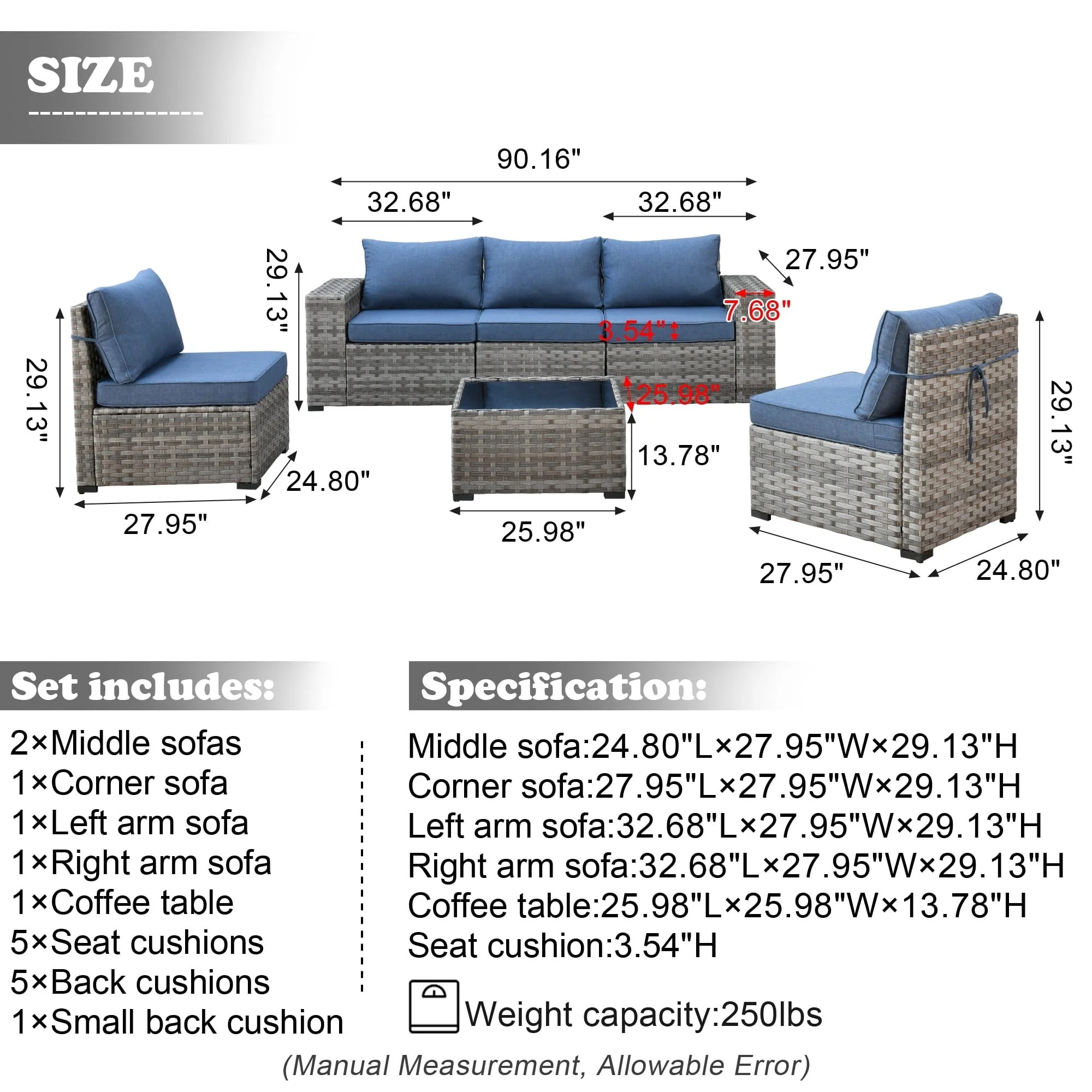Ovios 6 Piece Outdoor Furniture All Weather Wicker Patio Conversation Sectional Couch with 7.68" Armrest for Garden Backyard - Image 11