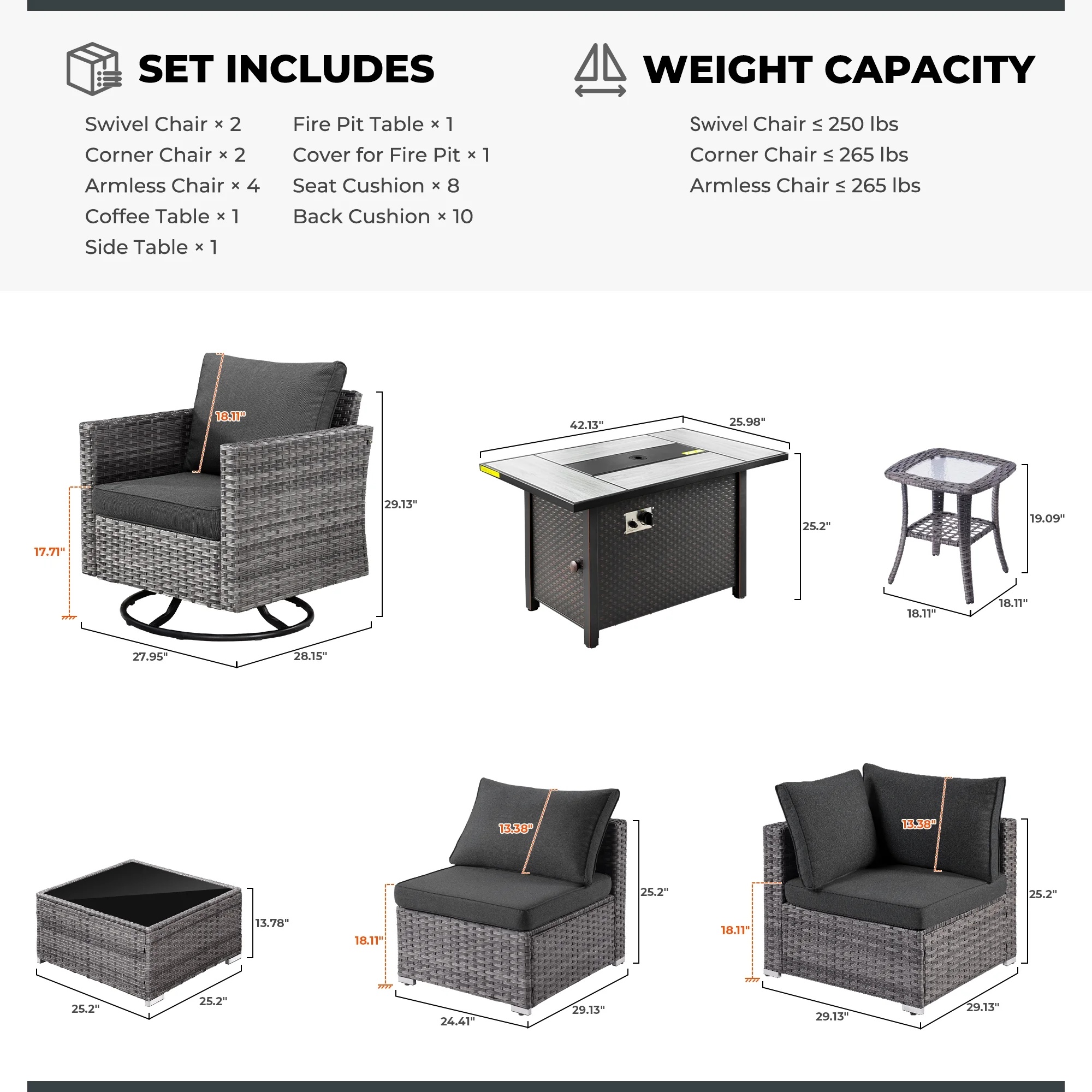 Ovios 11 Pieces Patio Fire Pit Set Outdoor Wicker Sectional Sofa Conversation Set with Swivel Rocking Chairs and Side Table,Dark Gray - Image 28