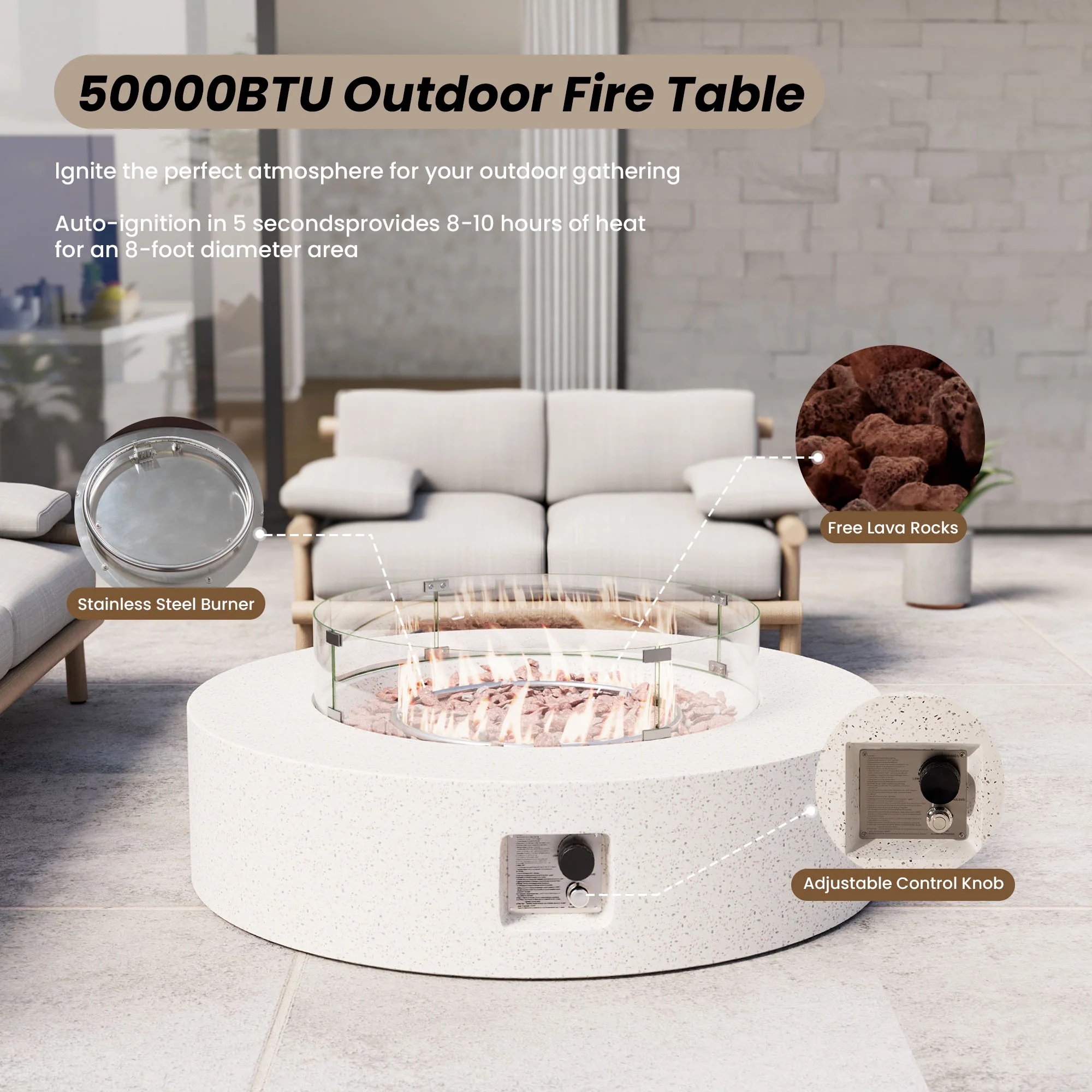 VENTOPYR 40.5-inch Outdoor Propane Fire Pit Coffee Table w Concrete Round Base Patio Heater, 50,000 BTU Stainless Steel Burner, Free Lava Rocks, Wind Guard, Rain Cover - Image 15