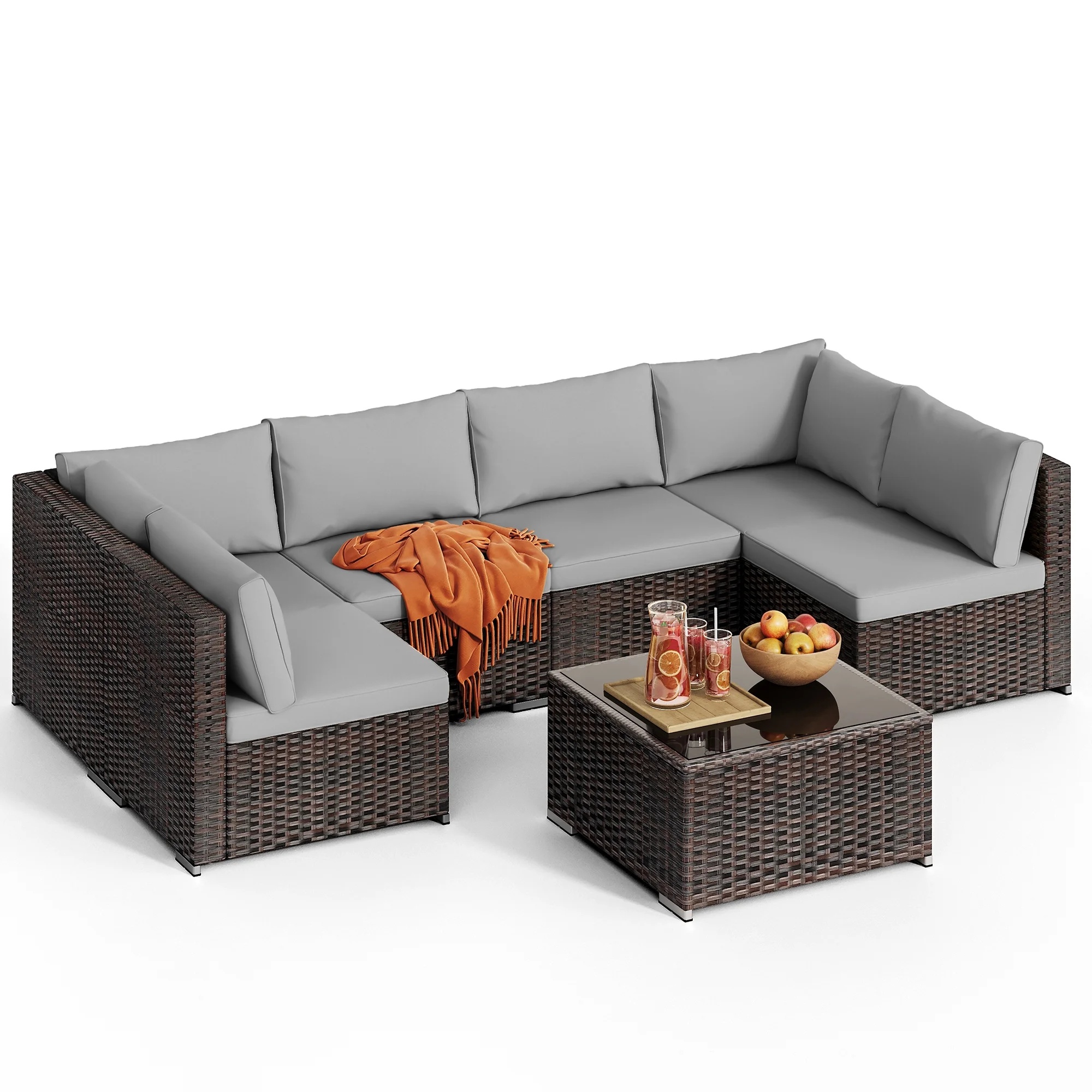 7 Pieces Outdoor Patio Furniture Set, Lofka PE Rattan Sectional Sofa with Tempered Glass Coffee Table & All-Weather Cushions, Patio Conversation Set for Garden, Poolside (Grey) - Image 10