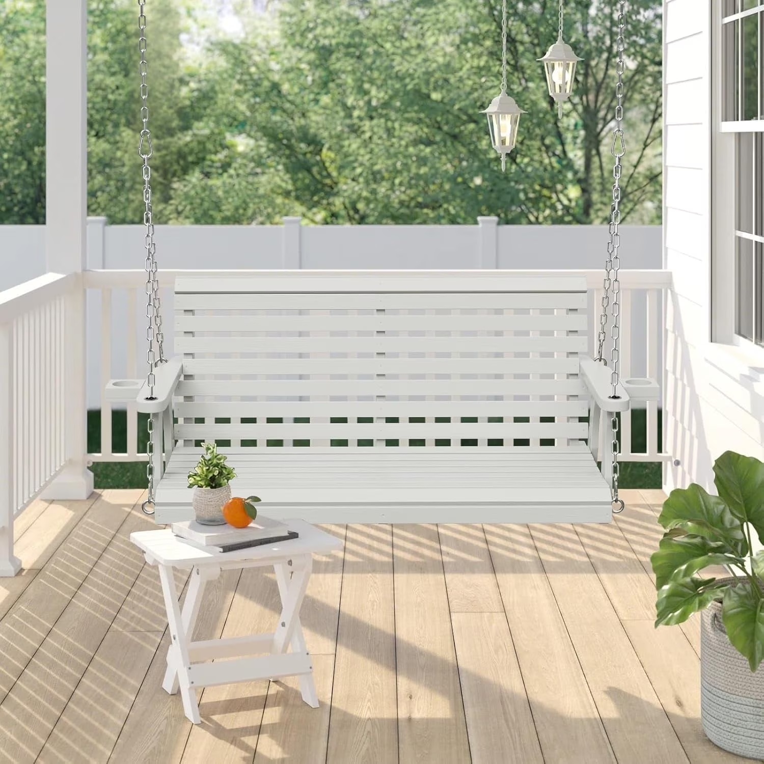 SOLAURA 2 Seat Outdoor Wooden Porch Swing with Cup Holders, Hanging Patio Swing with Hanging Chains, Swing Bench Chair for Backyard Garden Balcony, 440lbs Weight Capacity, Brown - Image 3