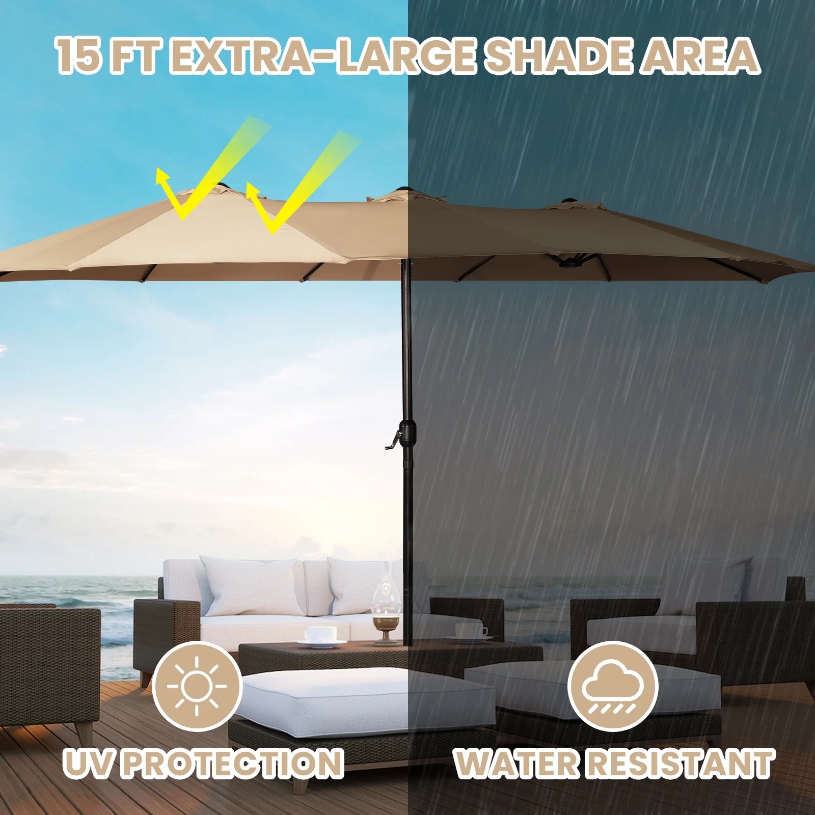 Sun-Ray 9'x15' Steel Triple Canopy Umbrella, Taupe - Outdoor Patio Umbrella with Base, UV Protection & Wind-Resistant, Large Rectangular Shade for Garden, Poolside, Deck, and Backyard - Image 2