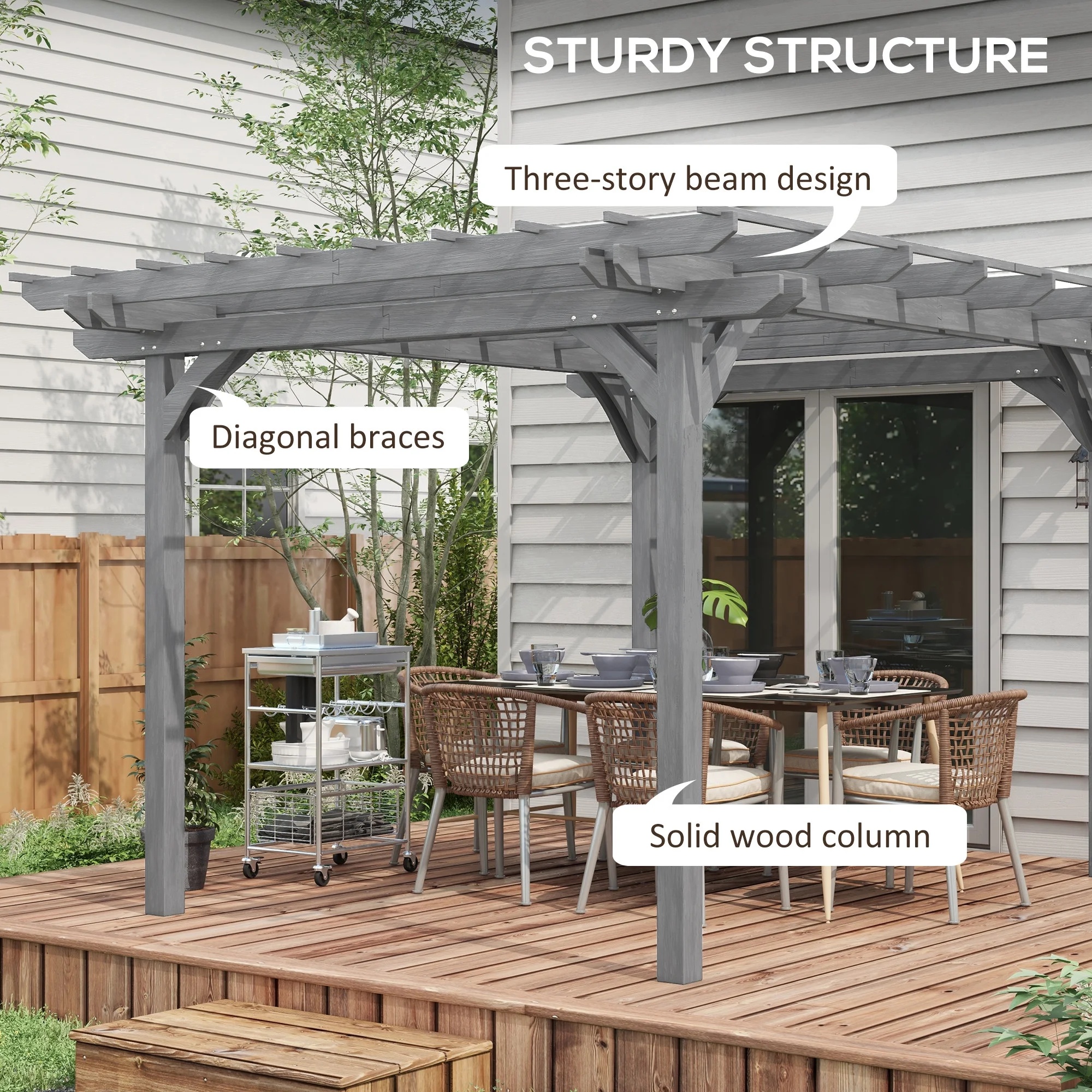 Outsunny 12' x 10' Wooden Pergola Grape Trellis, Outdoor Gazebo for Garden, Patio, Backyard, Deck, Gray - Image 4