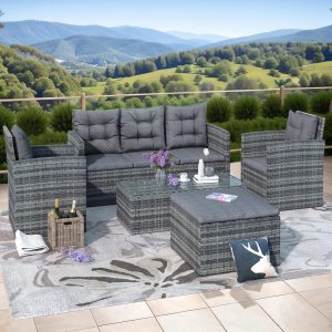 5 Piece Patio Furniture Sets, Outdoor Conversation Sets with Glass Coffee Table, Wicker Rattan Sectional Sofa Couch with Storage Bench, Ottomans & Cushions for Garden, Pool, Backyard, Gray