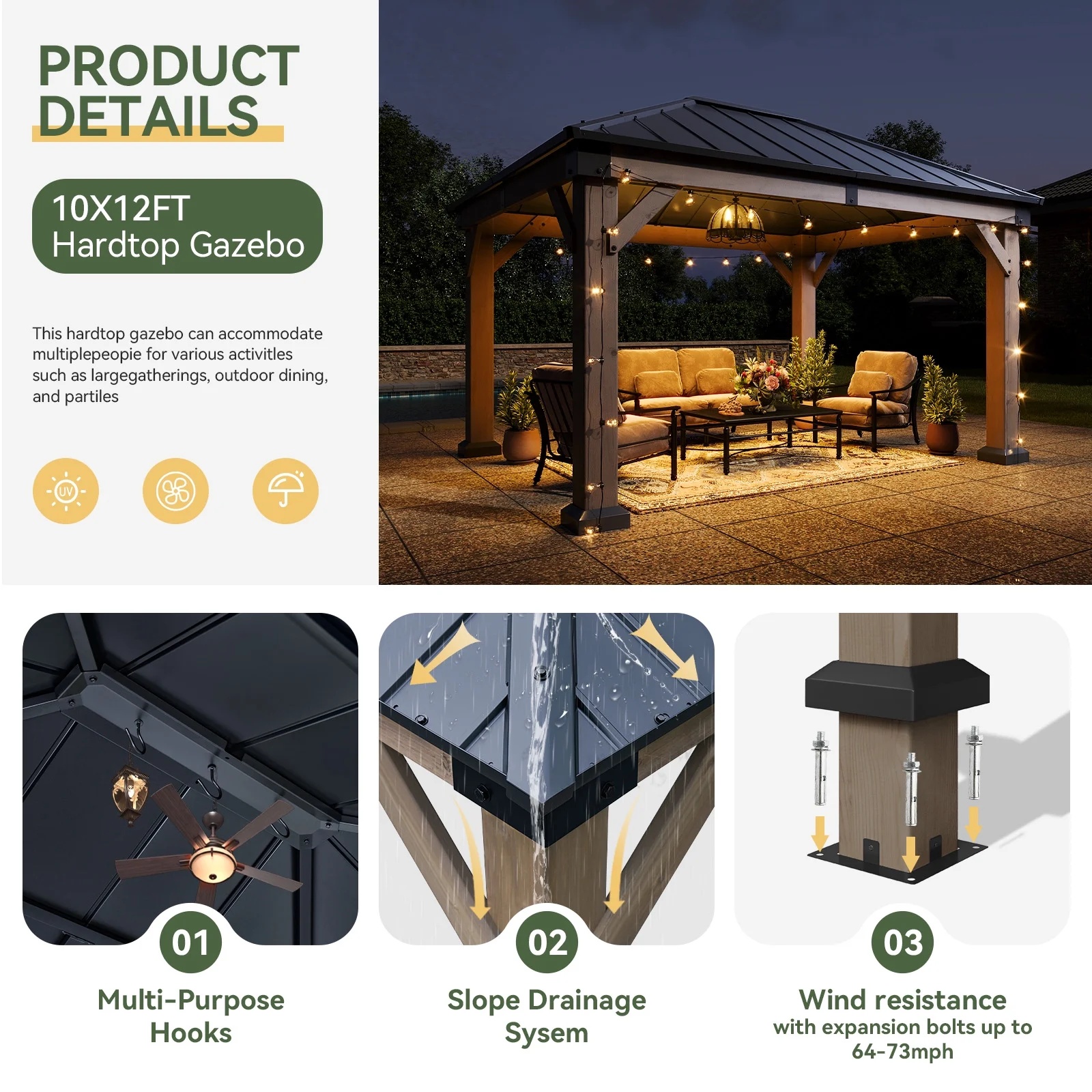 Aoxun 12' x 16' Outdoor Wood Gazebo, Hardtop Gazebo Permanent Wooden Pavilion with Galvanized Steel Double Roof, for Patio, Garden, Backyard, Cedar Wood - Image 21