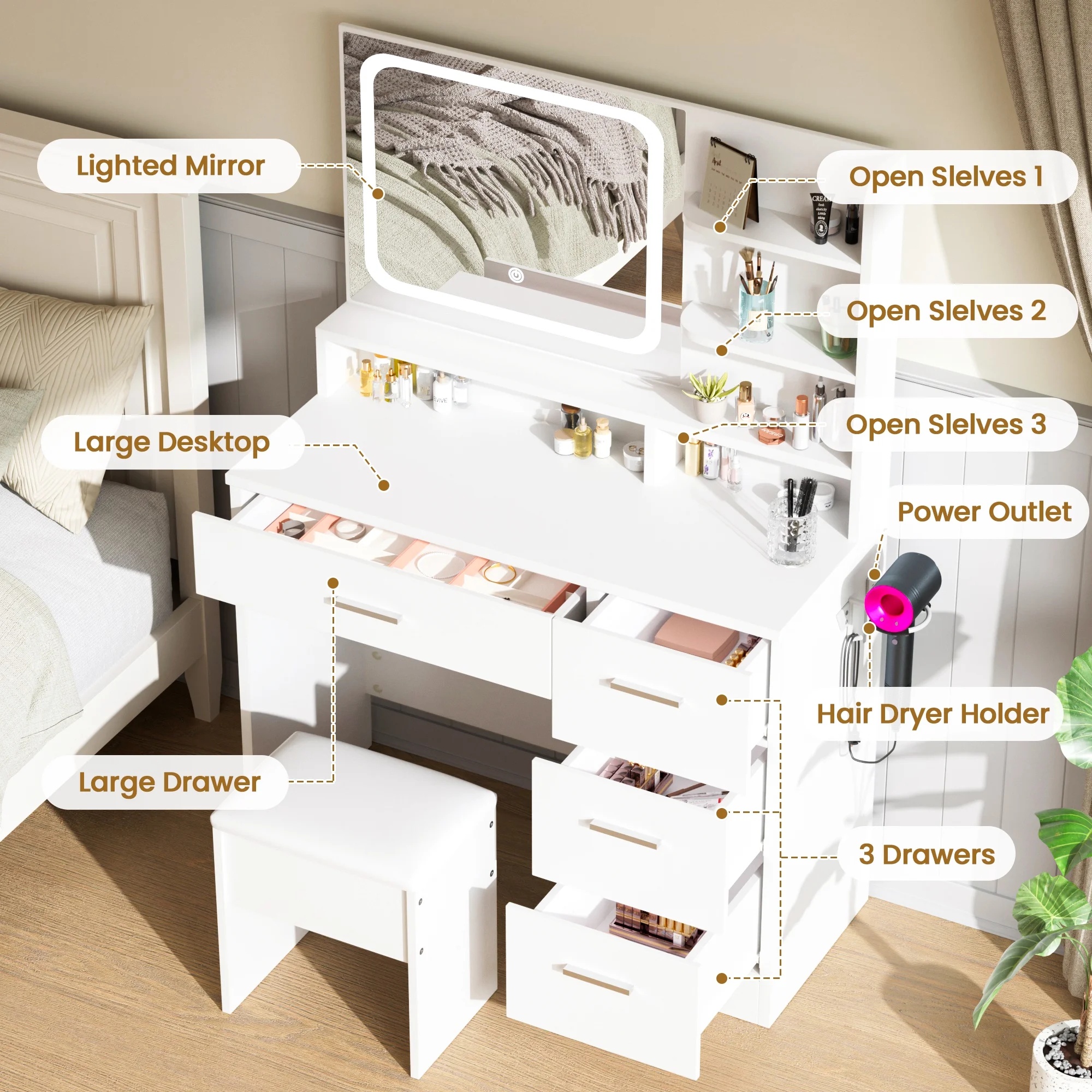 LIVELYGLOW Vanity Desk with Mirror and Lights, Makeup Vanity with Drawer & Storage Shelves, Cabinet, 3 Lighting Modes Adjustable Brightness,White - Image 33
