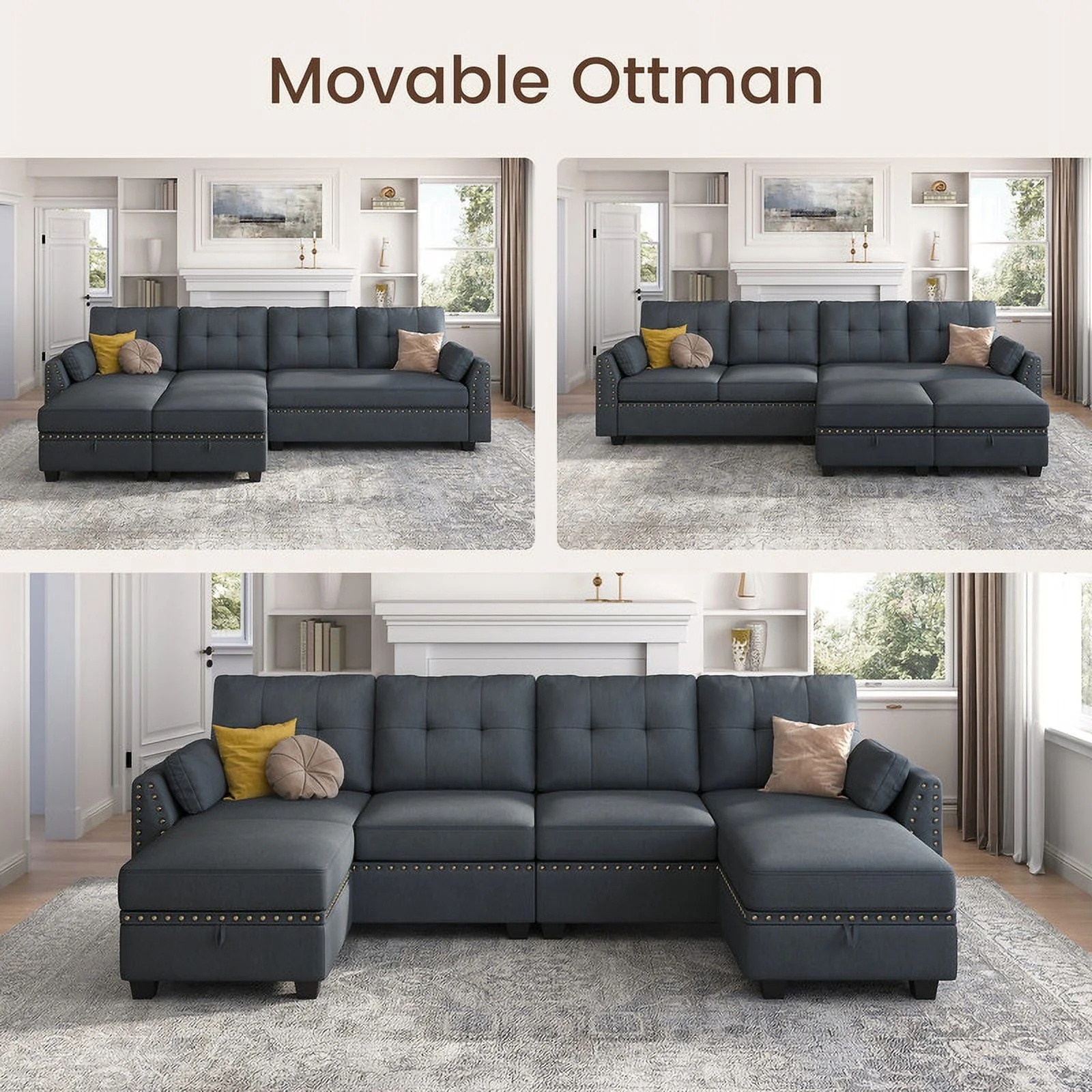 HONBAY Modern Linen Fabric with Reversible Chaise L-Shaped Sofa Couch with Storage Ottoman for Small Space Living Room, Bluish Grey - Image 6