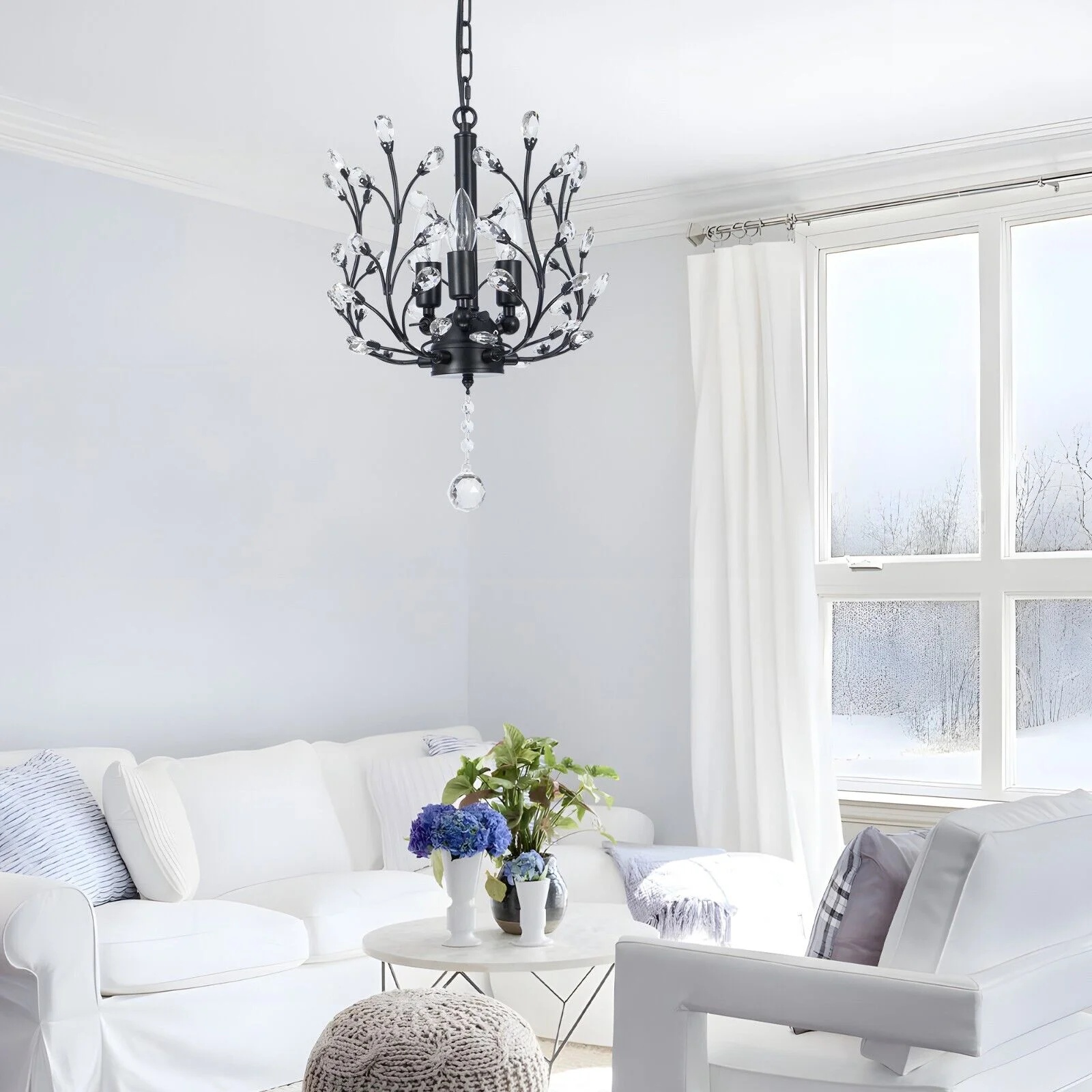 FINE MAKER 18-inch branch flower-shaped crystal chandelier, 3-head living room chandelier, bedroom study lighting fixture (black) - Image 11
