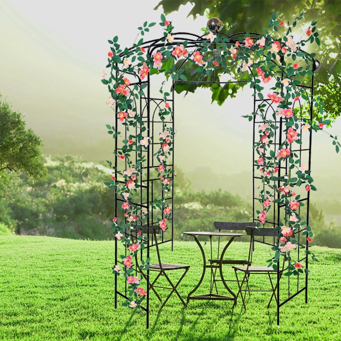French Birdcage Gazebo with Metal Arch Trellis for Wedding Photography & Garden Decor, Sturdy Galvanized Steel, Black - Image 4