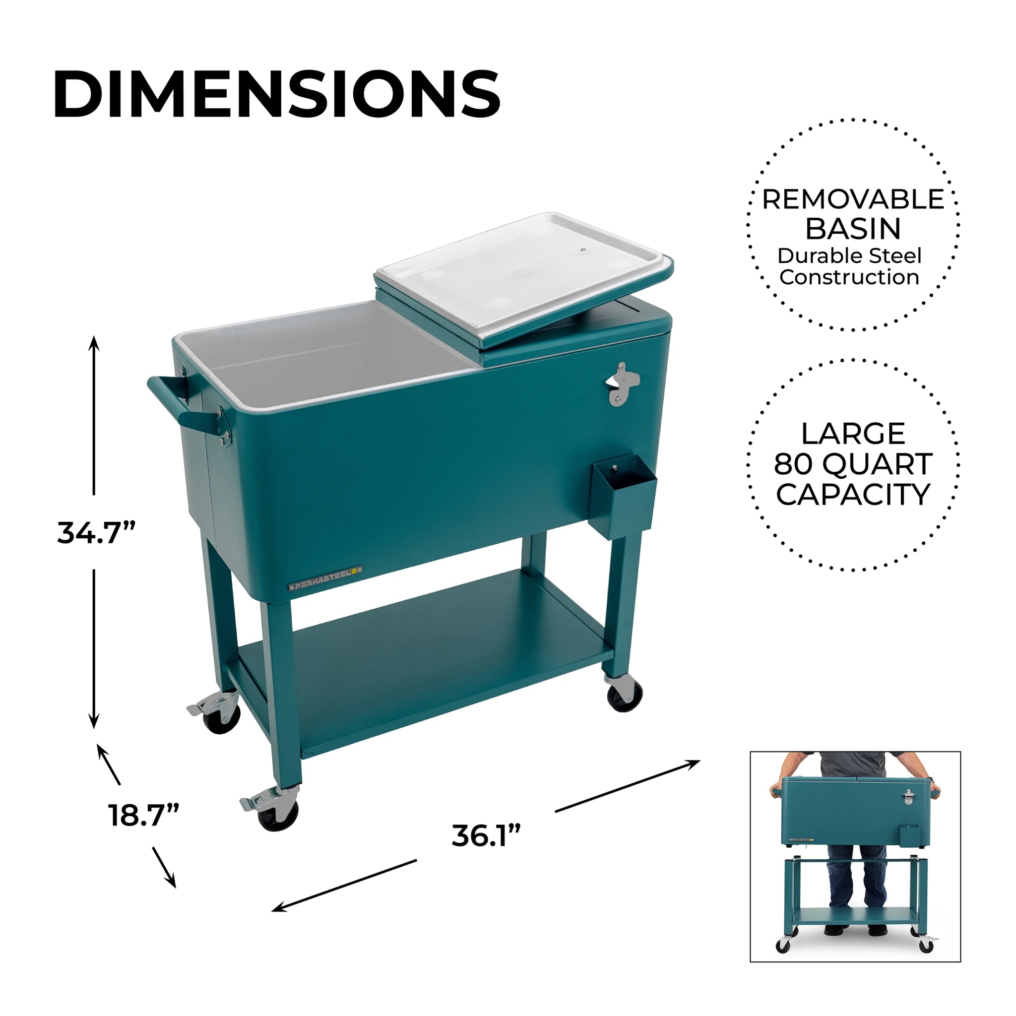 Permasteel 80-Qt Outdoor Steel Patio Cooler with Removable Basin, Rolling Cooler with Wheels, Teal Green - Image 8