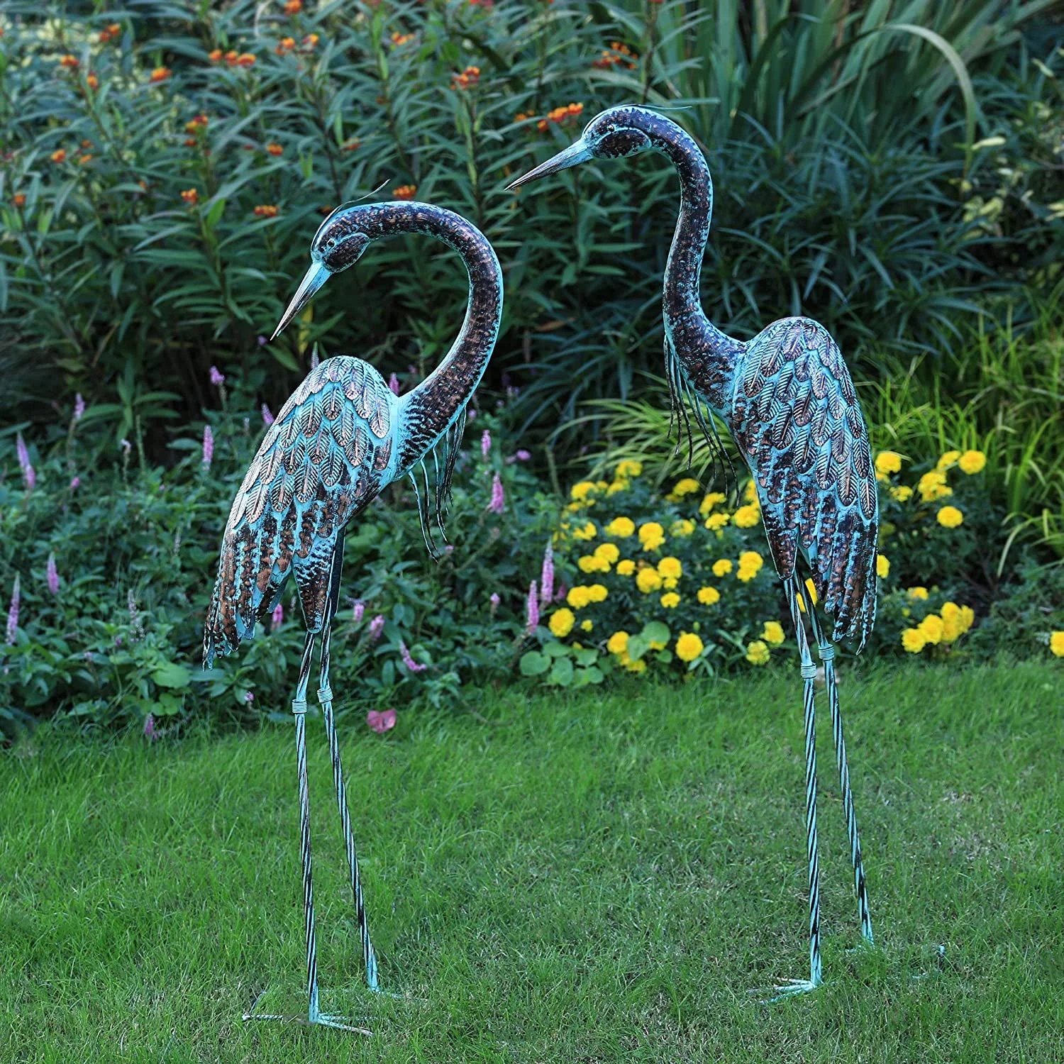 Garden Crane Statues, Standing Metal Patina Heron Decoy Outdoor Statue, 42-46 Inch Bird Yard Art for Patio Lawn Pond, Set of 2 - Image 3