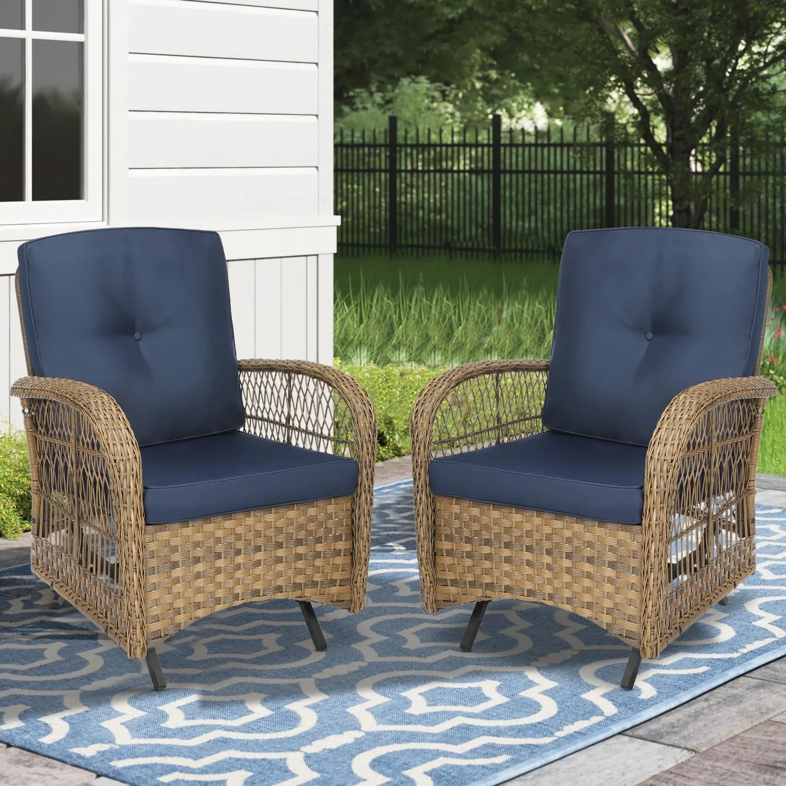 MEETWARM Patio Wicker Rocking Glider Set, All-Weather Outdoor Rattan Patio Rocking Chairs of 2, Patio Conversation Set with Thickened Cushions for Porch Garden & Backyard, Navy Blue - Image 6