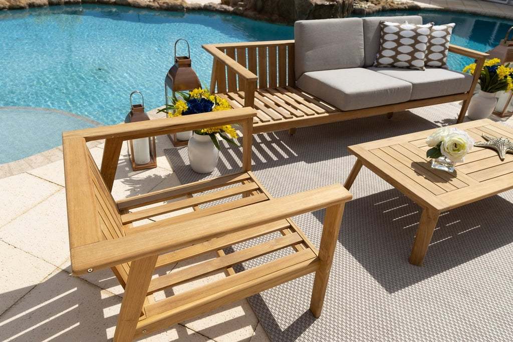 Laguna 4-Piece Eucalyptus Wood Outdoor Patio Conversation Sofa Set w/Three-Seat Sofa, Two Armchairs and Coffee Table - Image 5