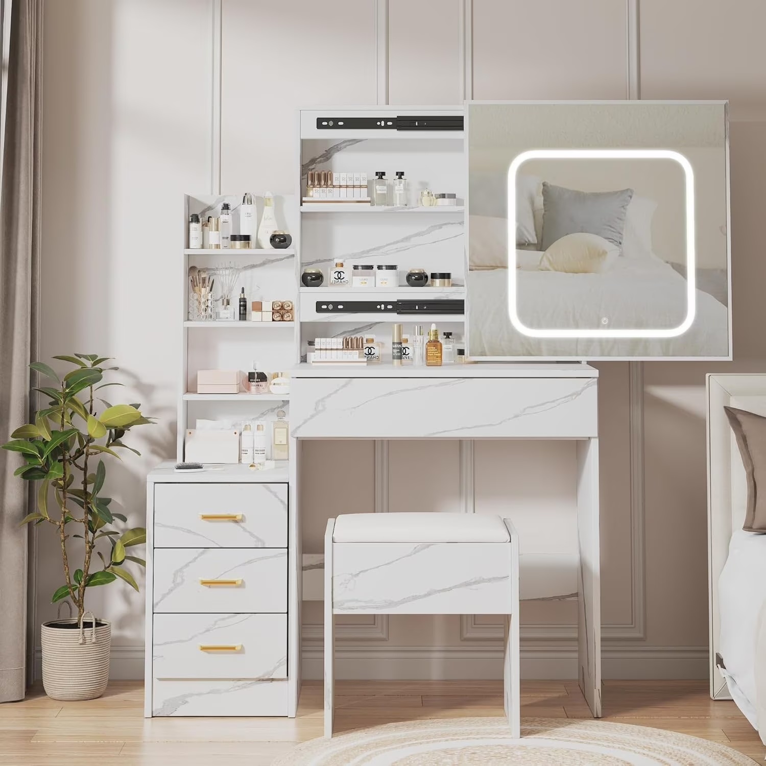 Vanity Desk with Sliding Mirror and Lights, Makeup Vanity Set with Power Outlet, 4 Drawers, Stool, Open Shelves, 3 Color Lighting Modes, Brightness Adjustable, Makeup Dressing Table for Bedroom - Image 5