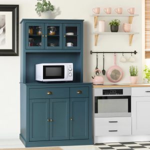 VEIKOUS 71''H Pantry Cabinet Kitchen Hutch Pantry Storage Buffet Cabinet w/ Microwave Stand, 6 Cupboard and 2 Drawer, Blue