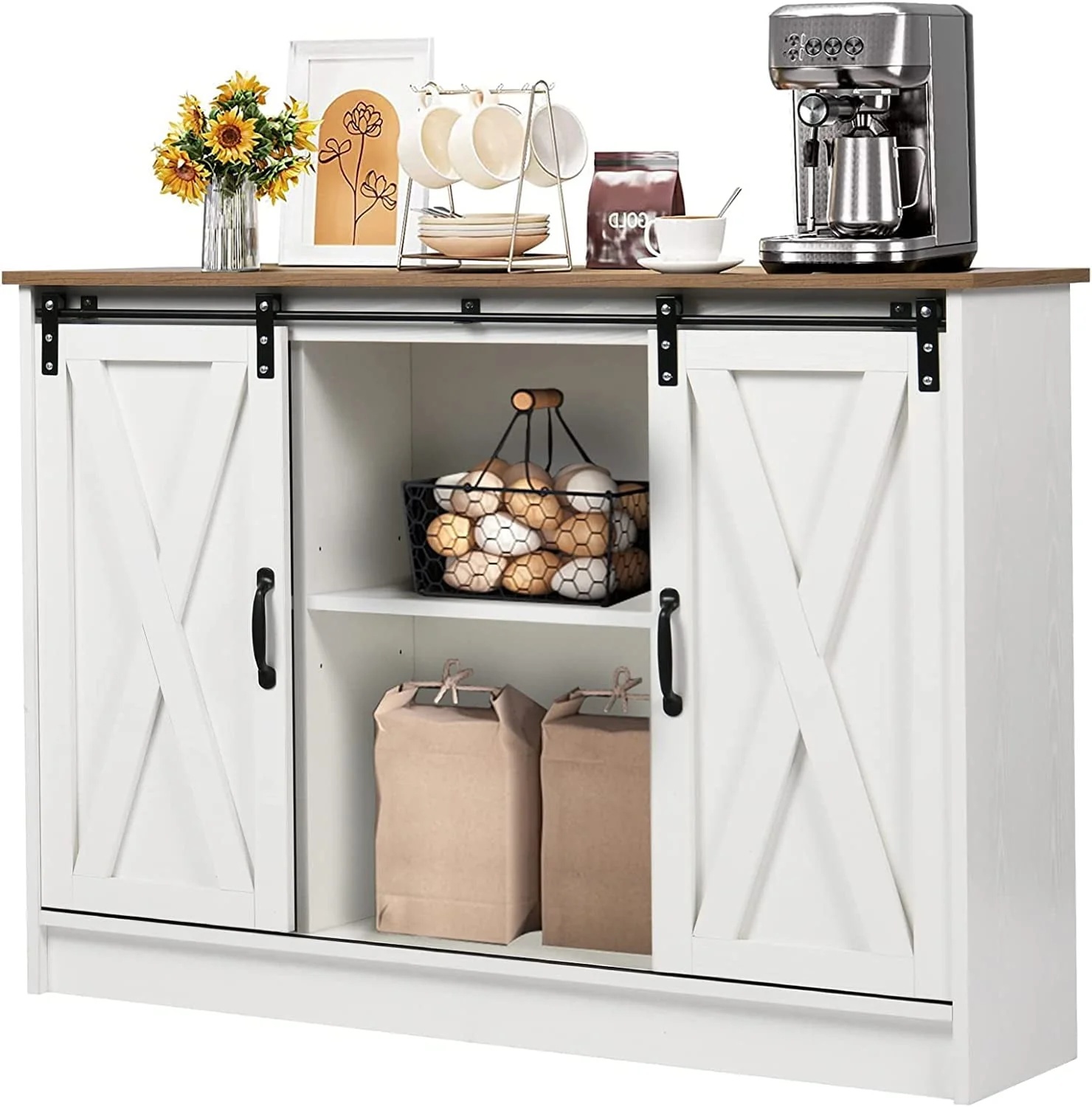 Catrimown Farmhouse Coffee Bar Cabinet , 42-? Buffet Sideboard Cabinet with Sliding Door, Sideboard Storage Cabinet, White