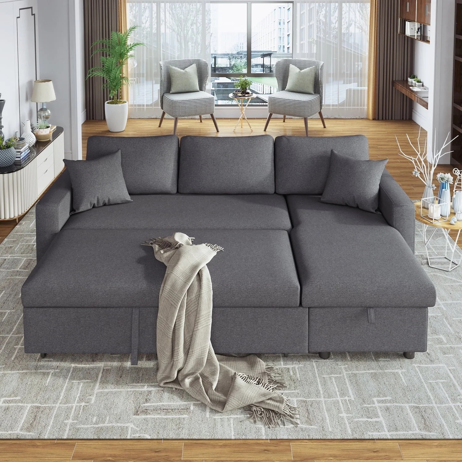 Churanty Upholstery Sleeper Sectional Sofa Pull Out Bed with Storage Chaise,Gray - Image 5