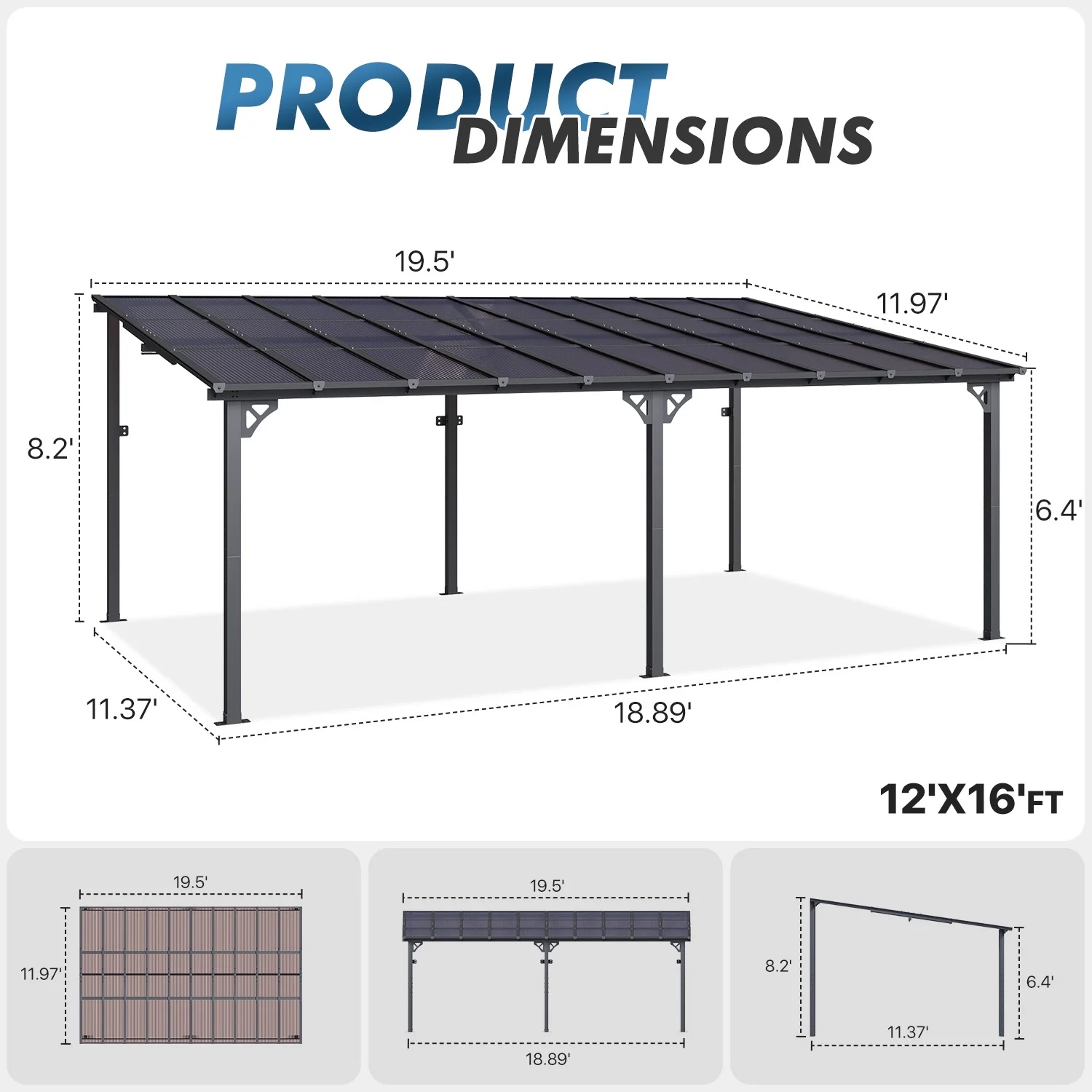 Sumnthink 10'x12' Gazebo for Patio, Gazebo Pergola with Sloped Roof, Large Wall-Mounted Heavy Duty Awnings, for Patio, Deck and Backyard - Image 15