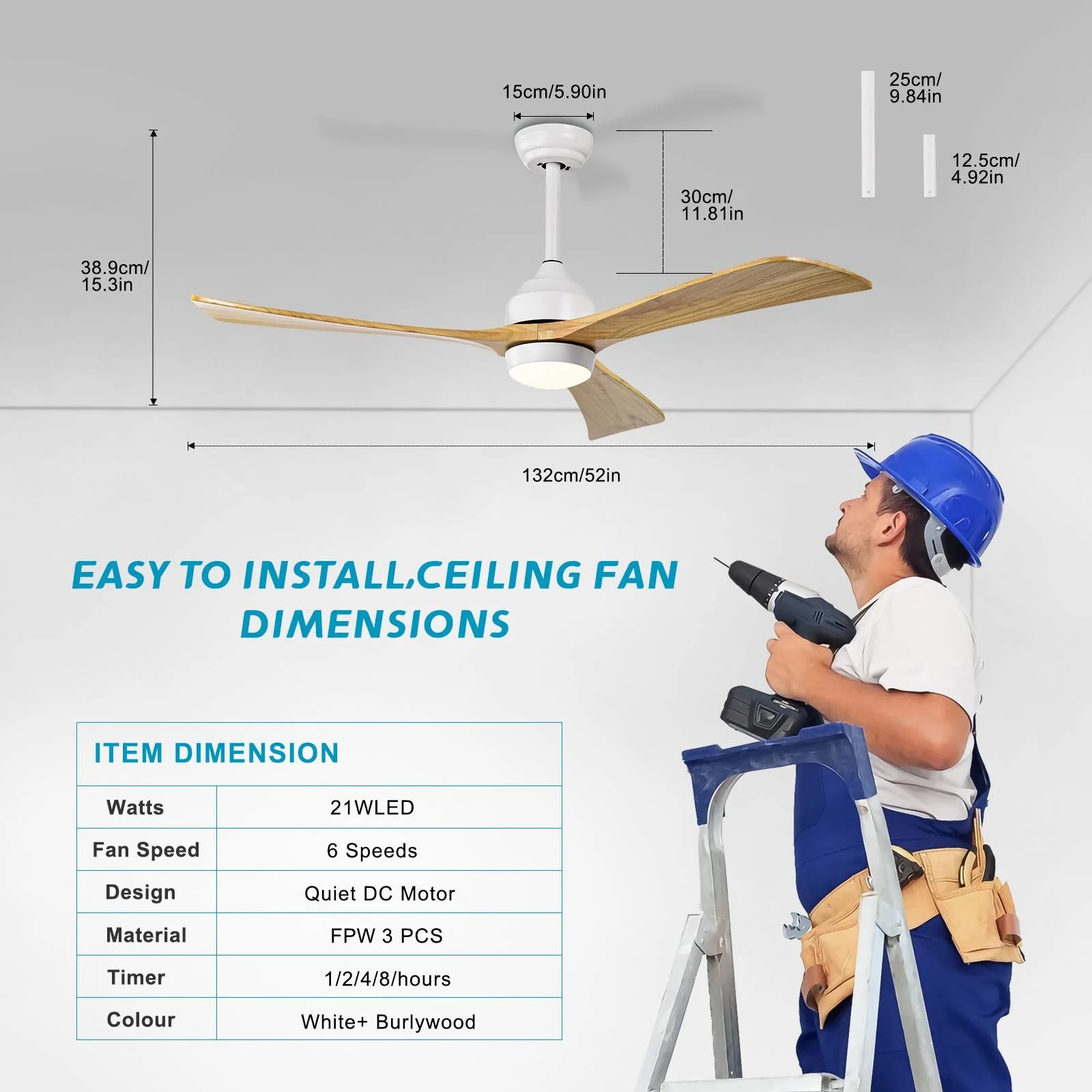 52" Ceiling Fan with Lights Remote Control,Quiet DC Motor 3 Blade Ceiling Fans 6 Speed Levels,Reversible Ceiling Fan, for Patio Living Room, Bedroom, Office,Indoor.(Matte Black +Black Walnut ) - Image 6