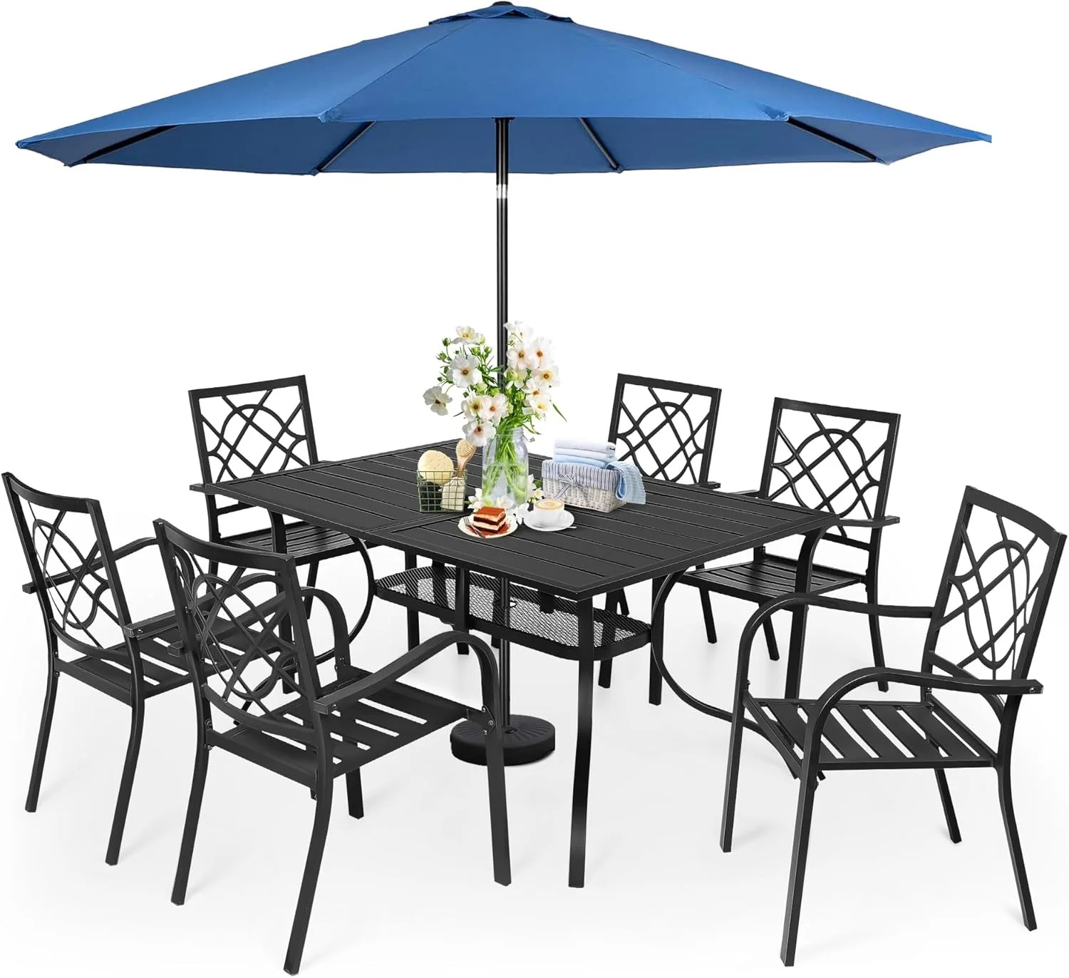 SUNCROWN 7-Piece Outdoor Wrought Iron Chairs and Table Patio Dining Furniture Set - 6 Stackable Metal Chairs, 1 Steel Slat Bistro Table and 1 Brown 9Ft Patio Umbrella for Garden Backyard Deck - Image 82