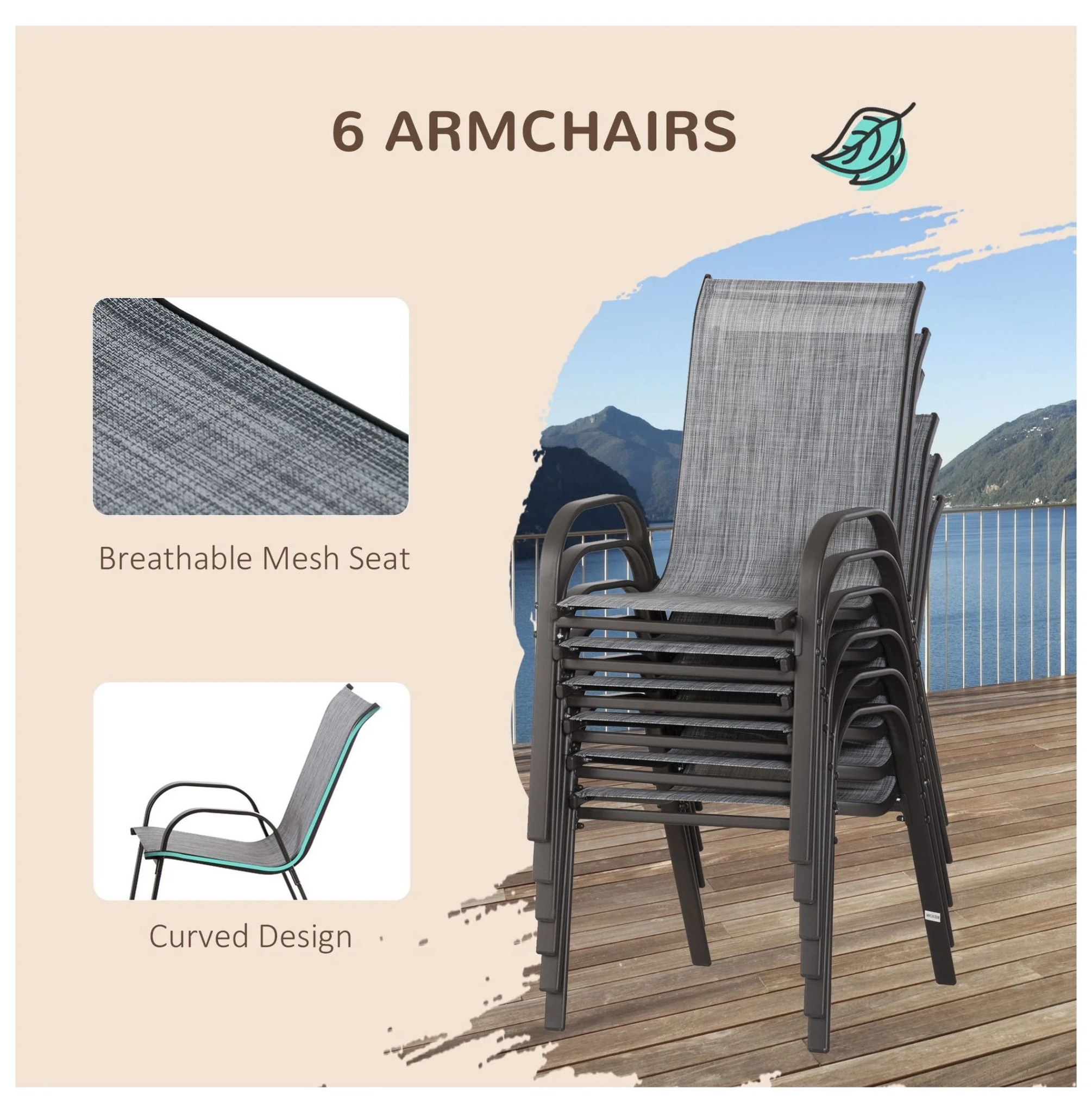 8-Piece Outdoor Dining Set with Umbrella, Patio Table and Chairs, Fast-Dry Fabric, 6 Chairs, Grey - Image 6