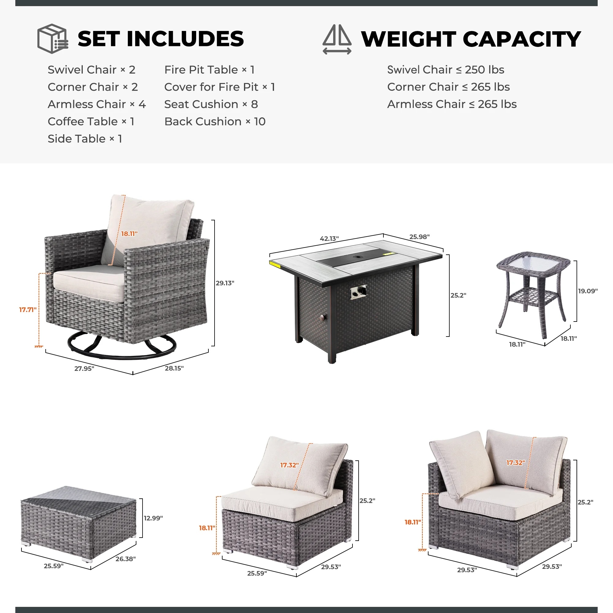 Ovios 11 Pieces Patio Fire Pit Set Outdoor Wicker Sectional Sofa Conversation Set with Swivel Rocking Chairs and Side Table,Dark Gray - Image 24