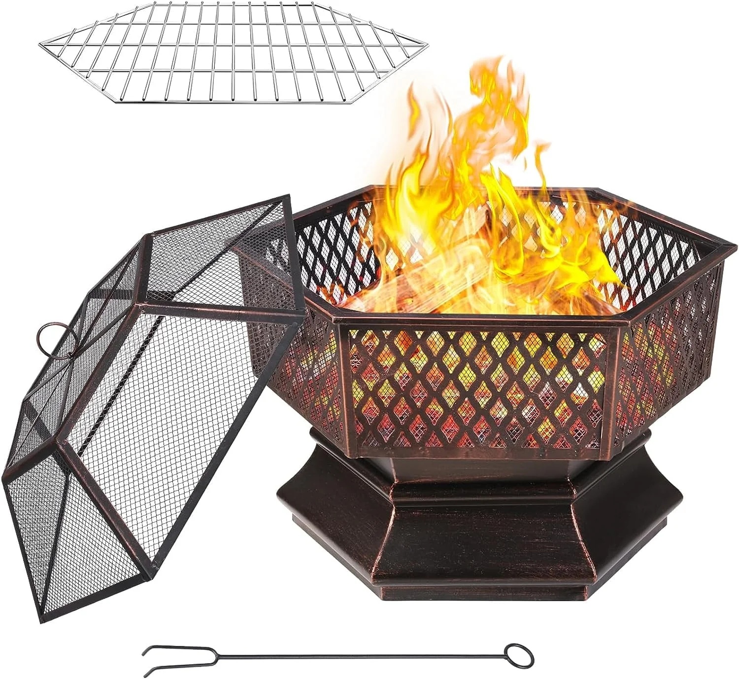 Arlopu 30'' Hex Shaped Steel Fire Pit for Outside, Wood Burning Fireplace Fire Bowl with Spark Screen & Fire Poker for Patio, Backyard, Camping - Image 8