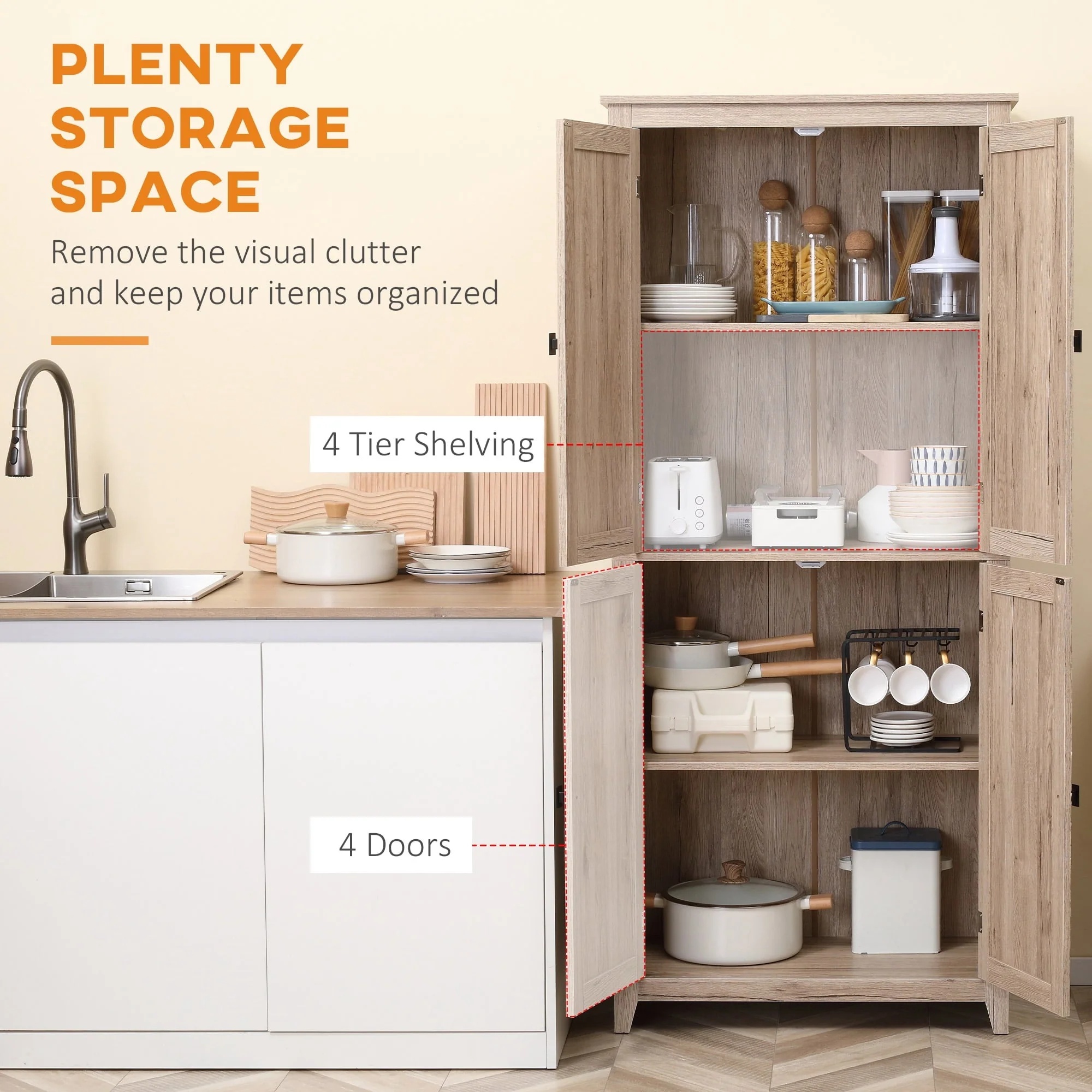 HOMCOM 72" Freestanding 4-Door Kitchen Pantry, Storage Cabinet Organizer with 4-Tiers, and Adjustable Shelves, Natural - Image 4